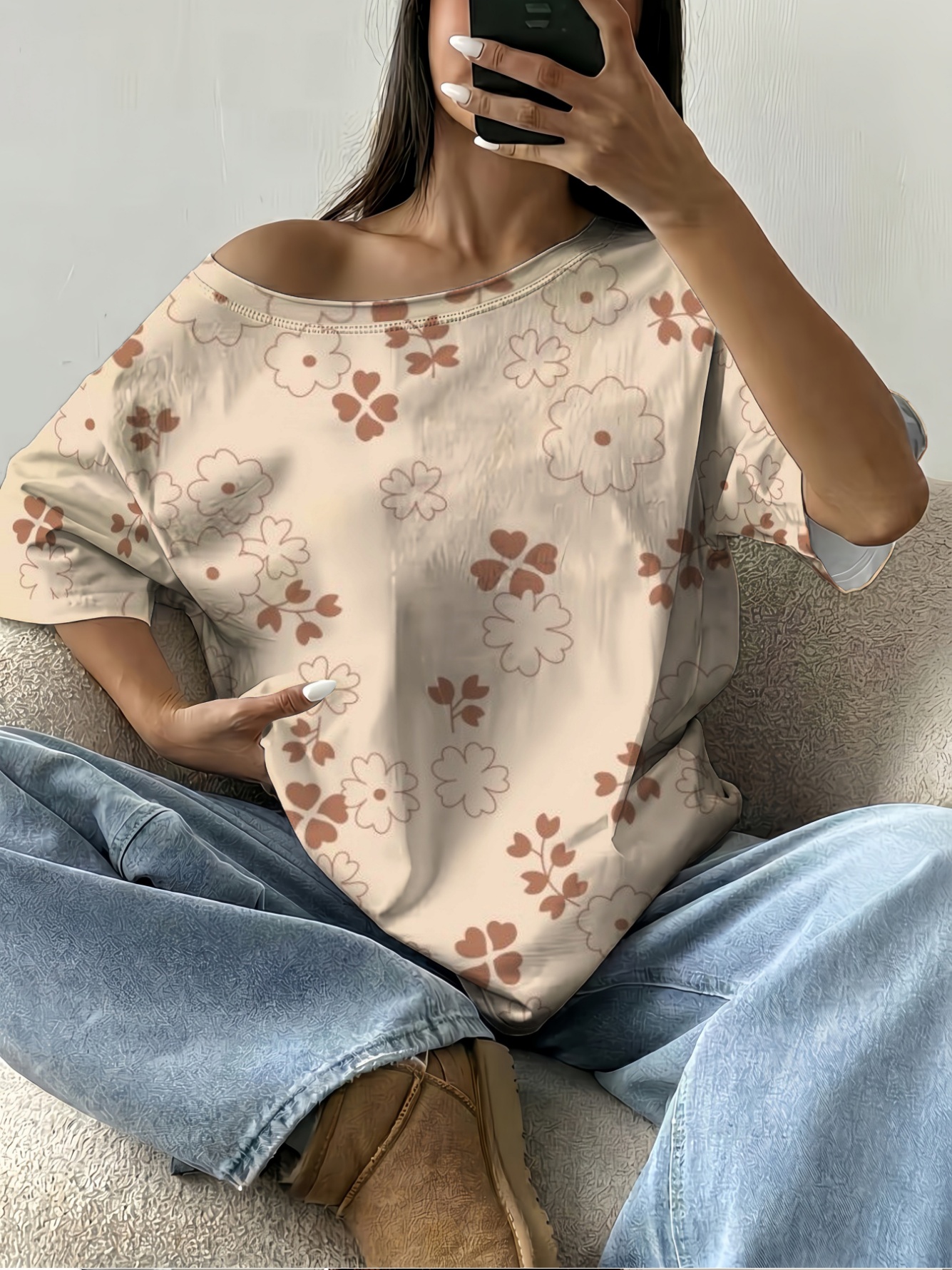 Khaki Brown Floral Clover Print Off-Shoulder Top