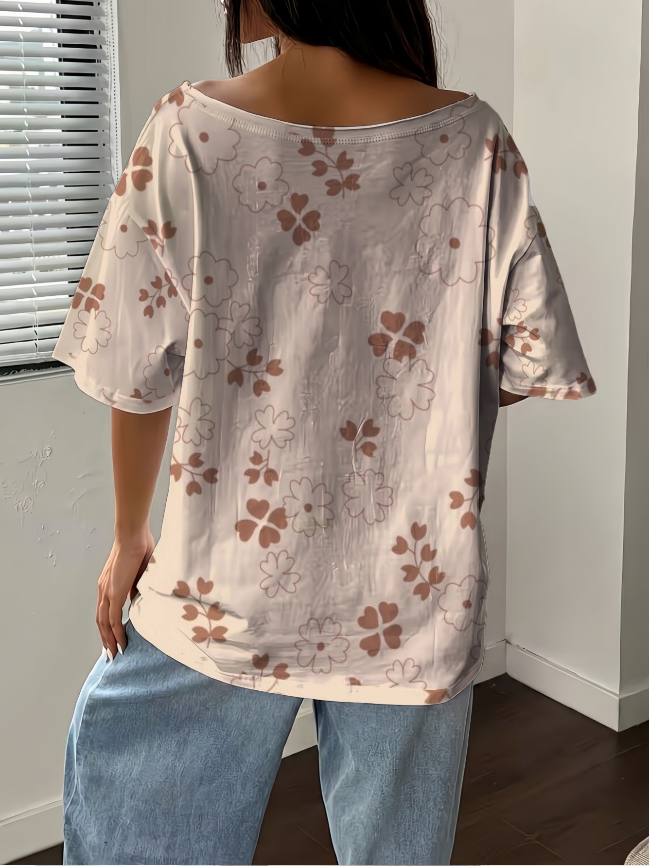 Khaki Brown Floral Clover Print Off-Shoulder Top