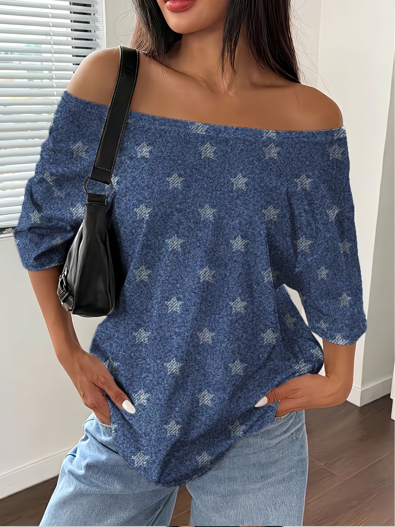 Blue Star Print Off-Shoulder Casual Top