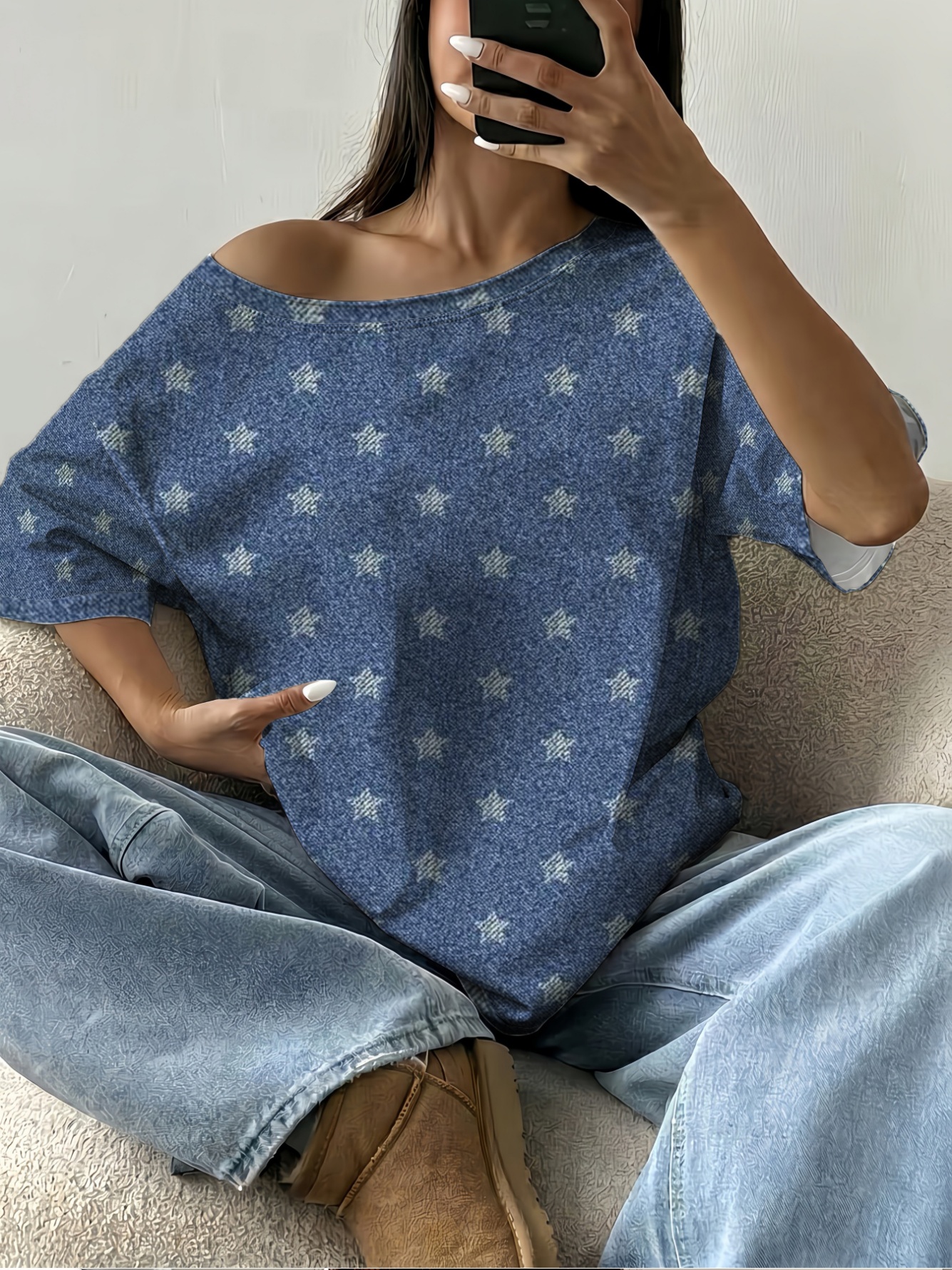 Blue Star Print Off-Shoulder Casual Top