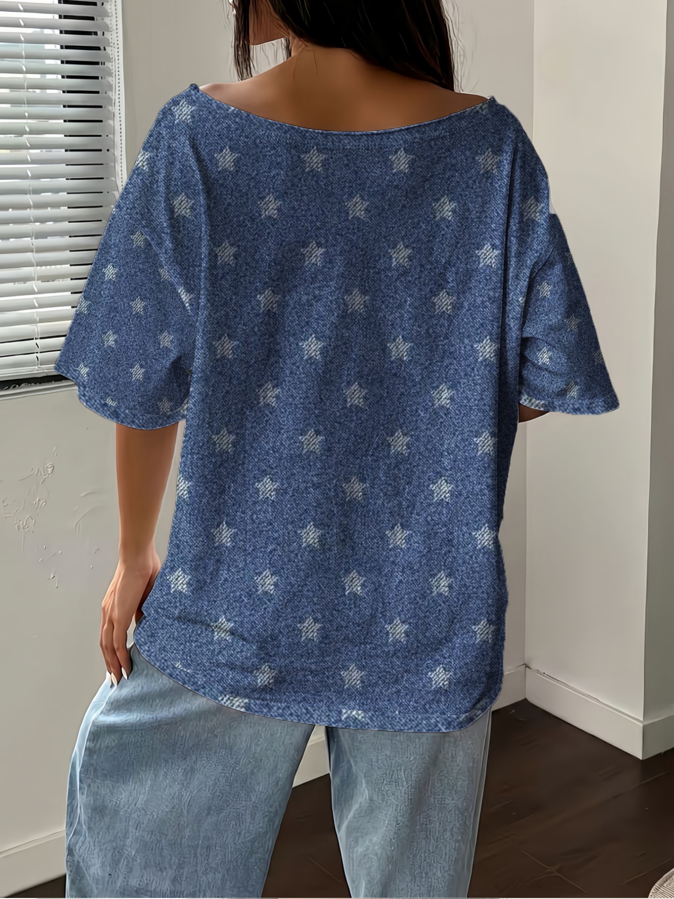 Blue Star Print Off-Shoulder Casual Top