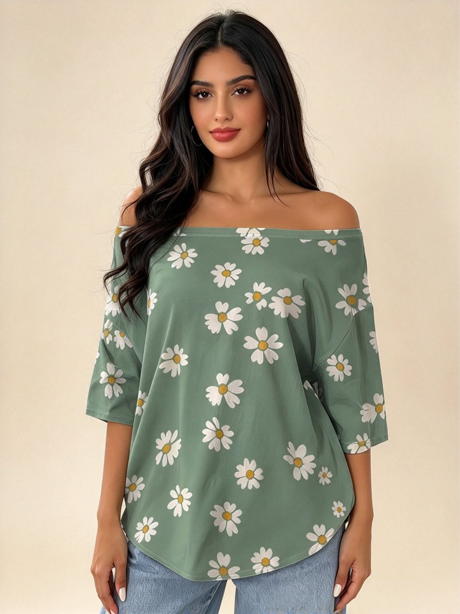 Green Daisy Off-Shoulder Casual Top