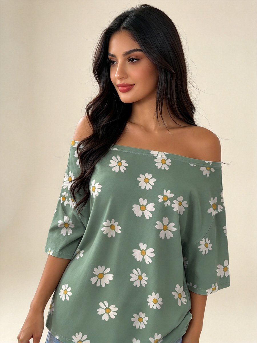 Green Daisy Off-Shoulder Casual Top