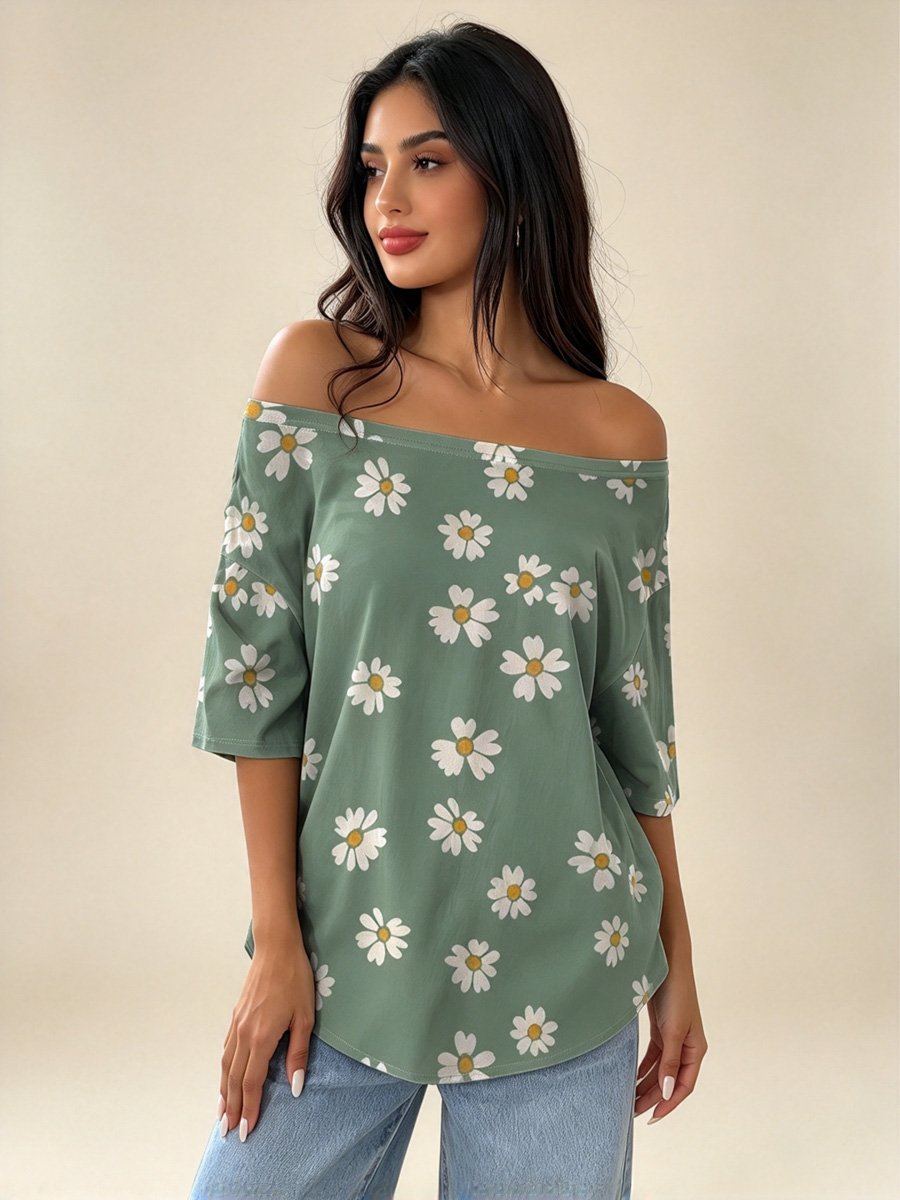 Green Daisy Off-Shoulder Casual Top