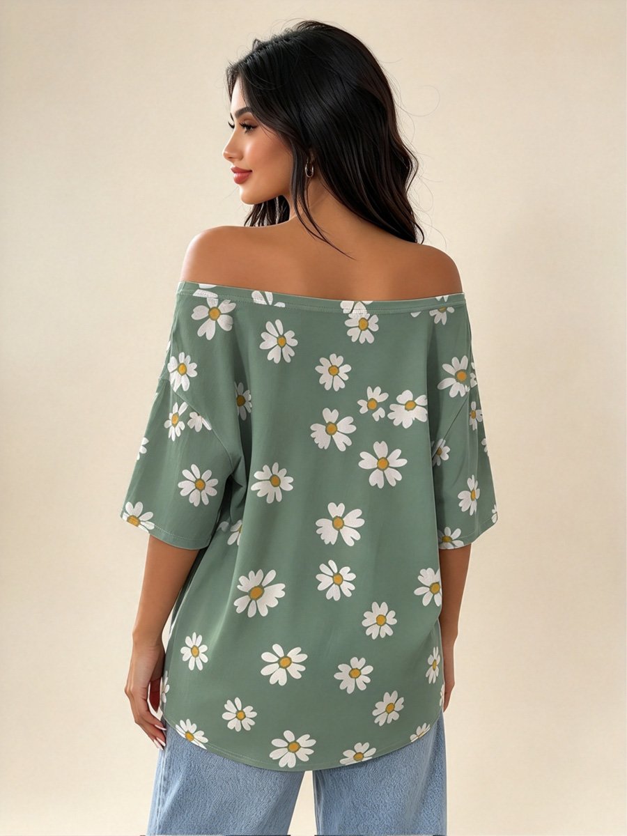 Green Daisy Off-Shoulder Casual Top