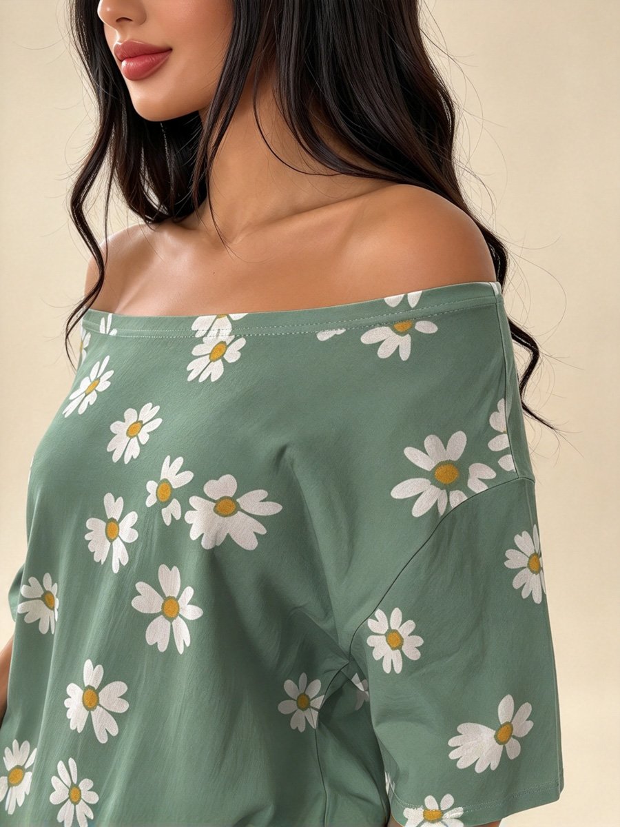 Green Daisy Off-Shoulder Casual Top