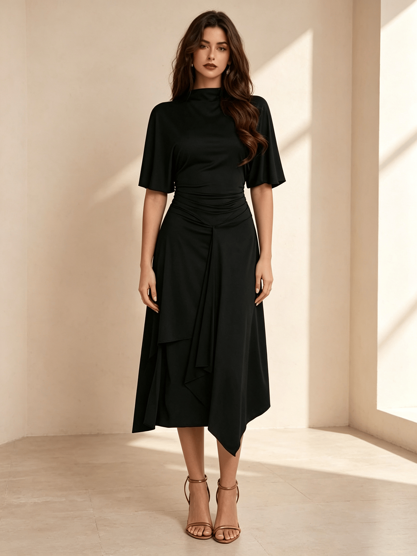 Satin Black Mock Neck Flare Sleeve Asymmetric Midi Bodycon Dress