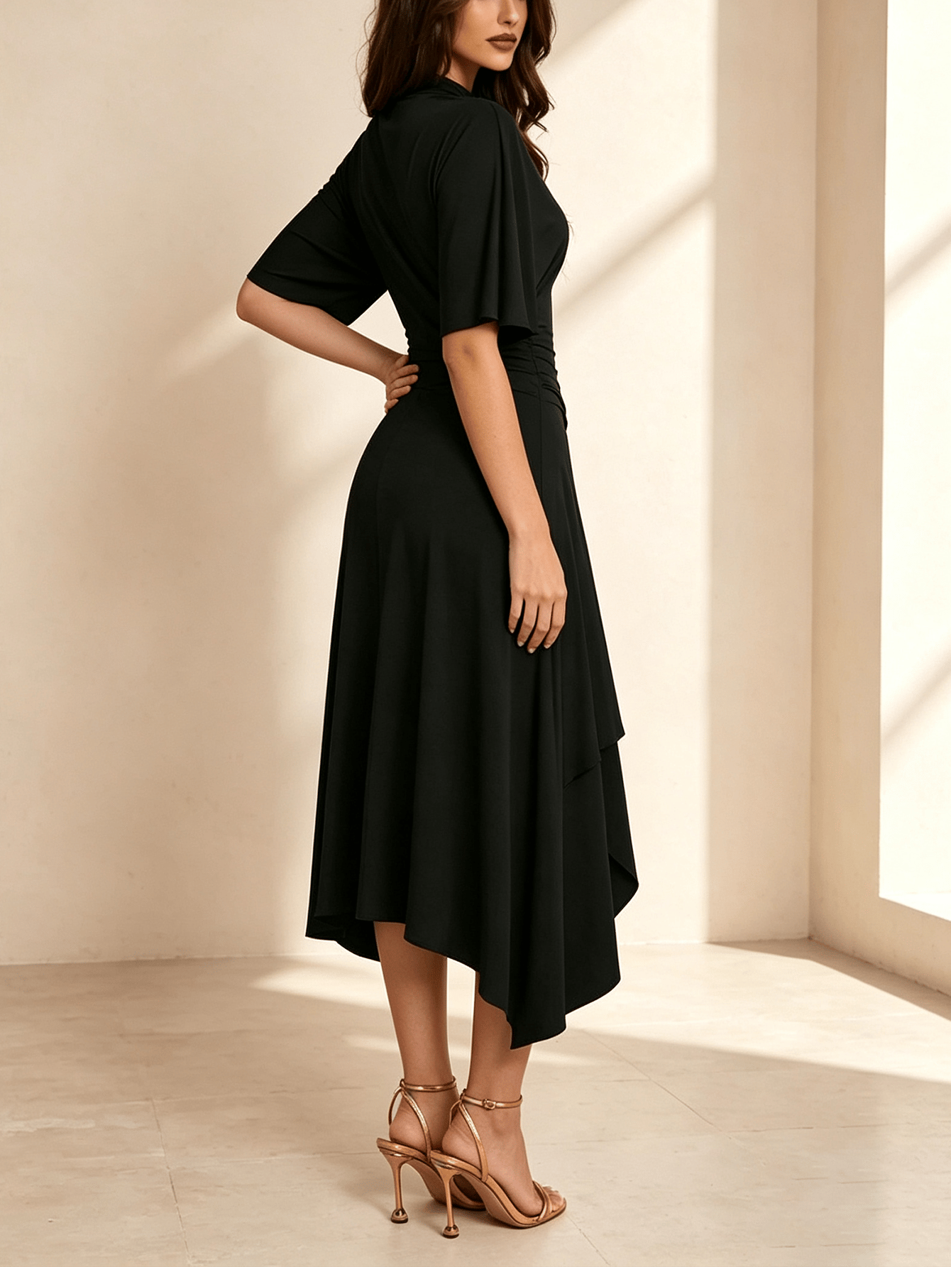 Satin Black Mock Neck Flare Sleeve Asymmetric Midi Bodycon Dress