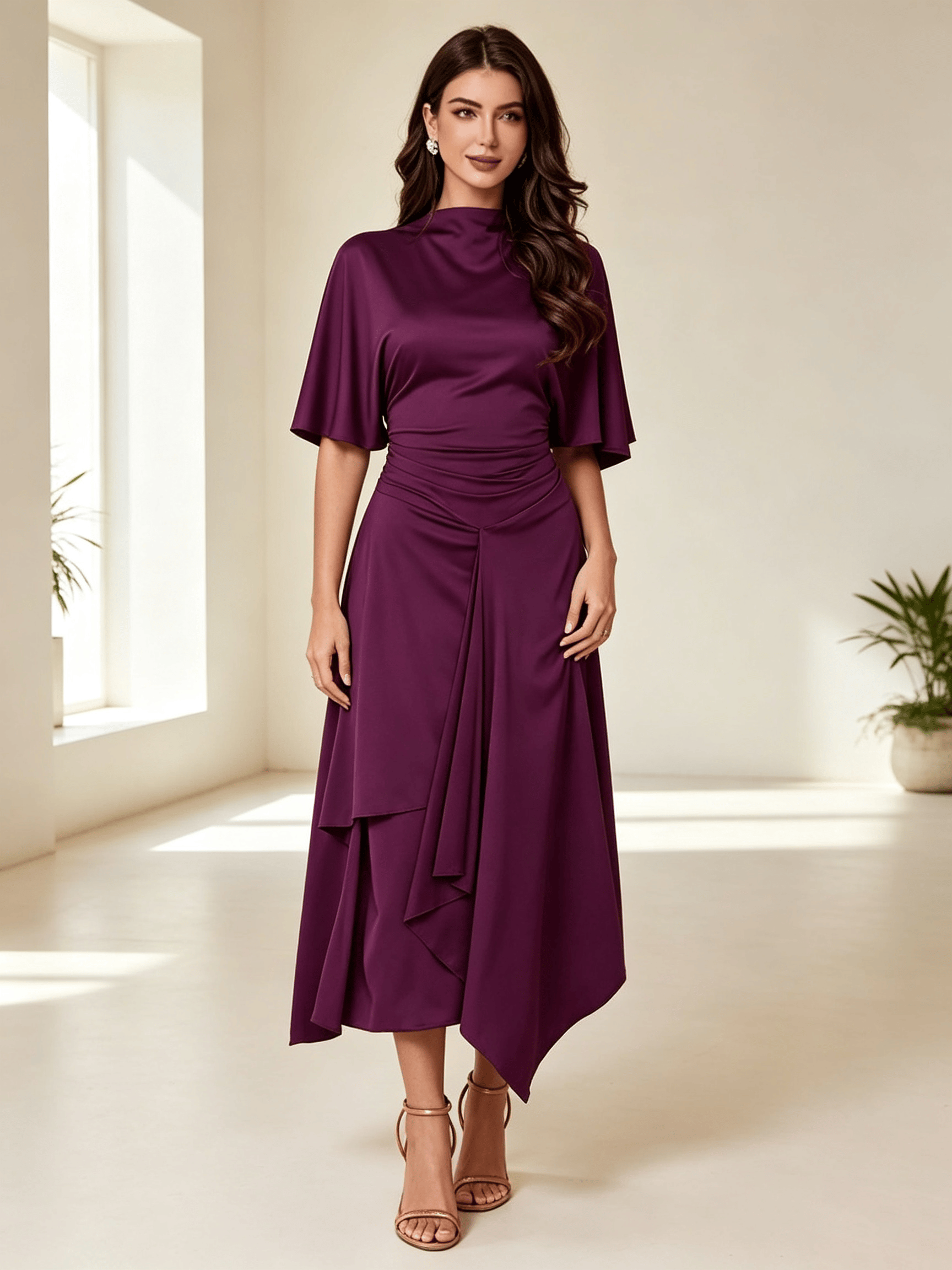 Purple Mock Neck Midi Dress with Asymmetric Hem