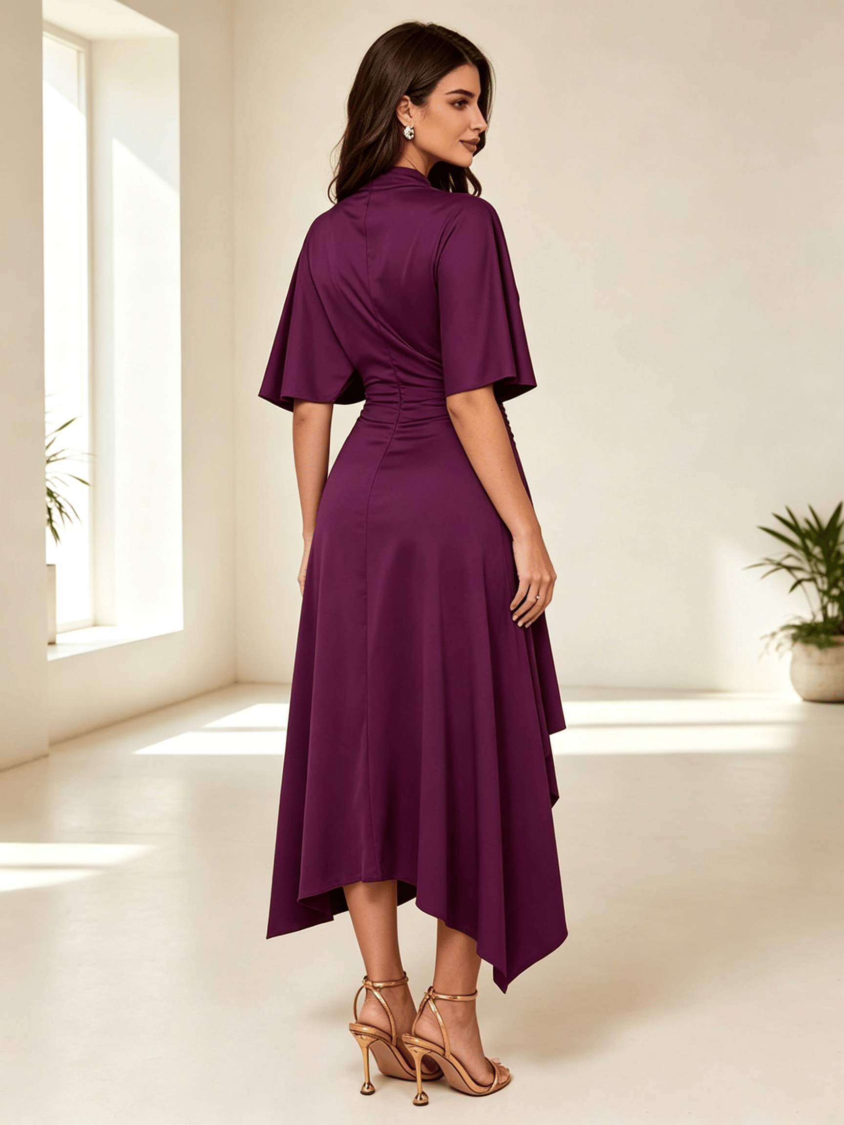 Purple Mock Neck Midi Dress with Asymmetric Hem