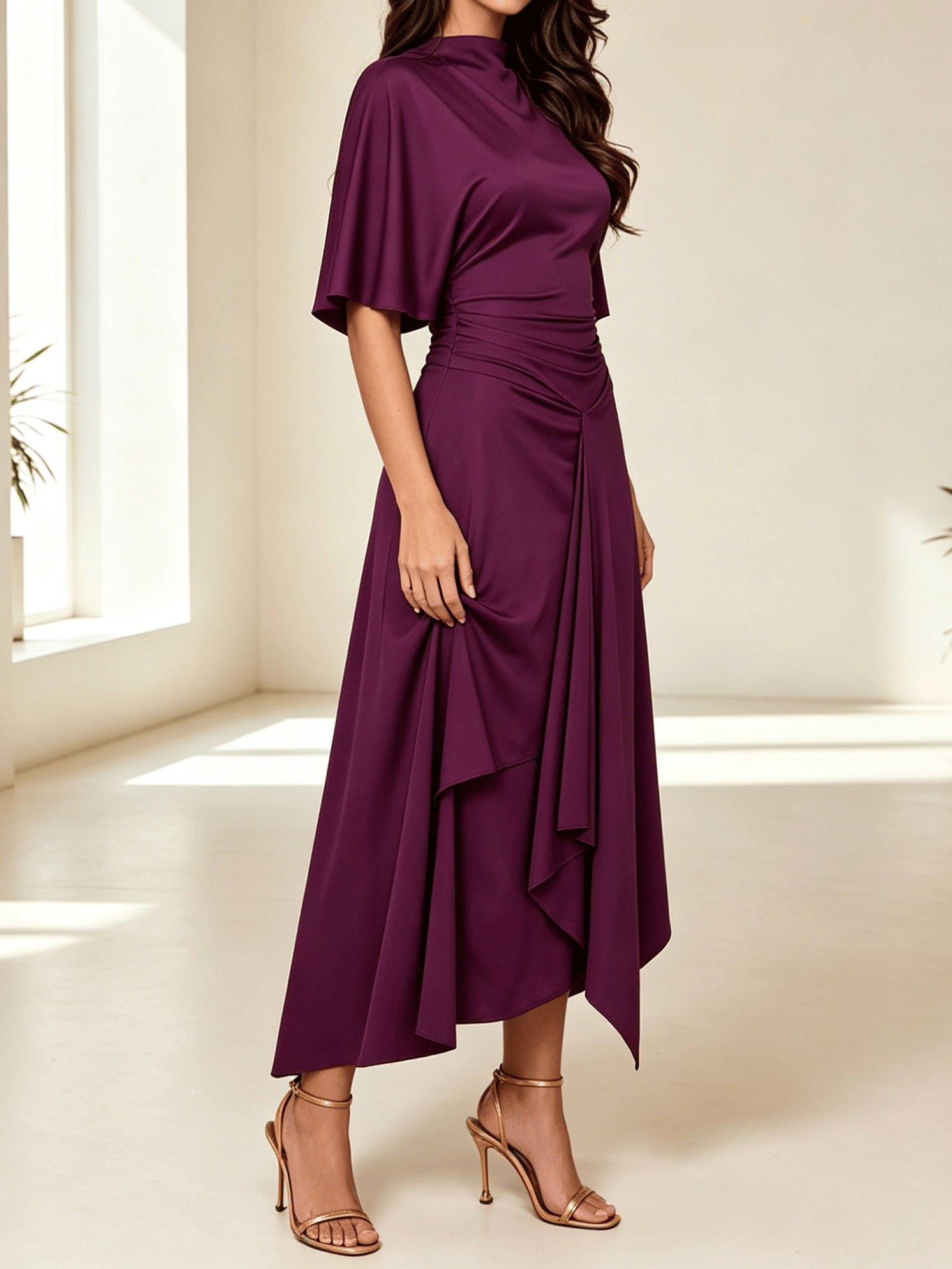 Purple Mock Neck Midi Dress with Asymmetric Hem