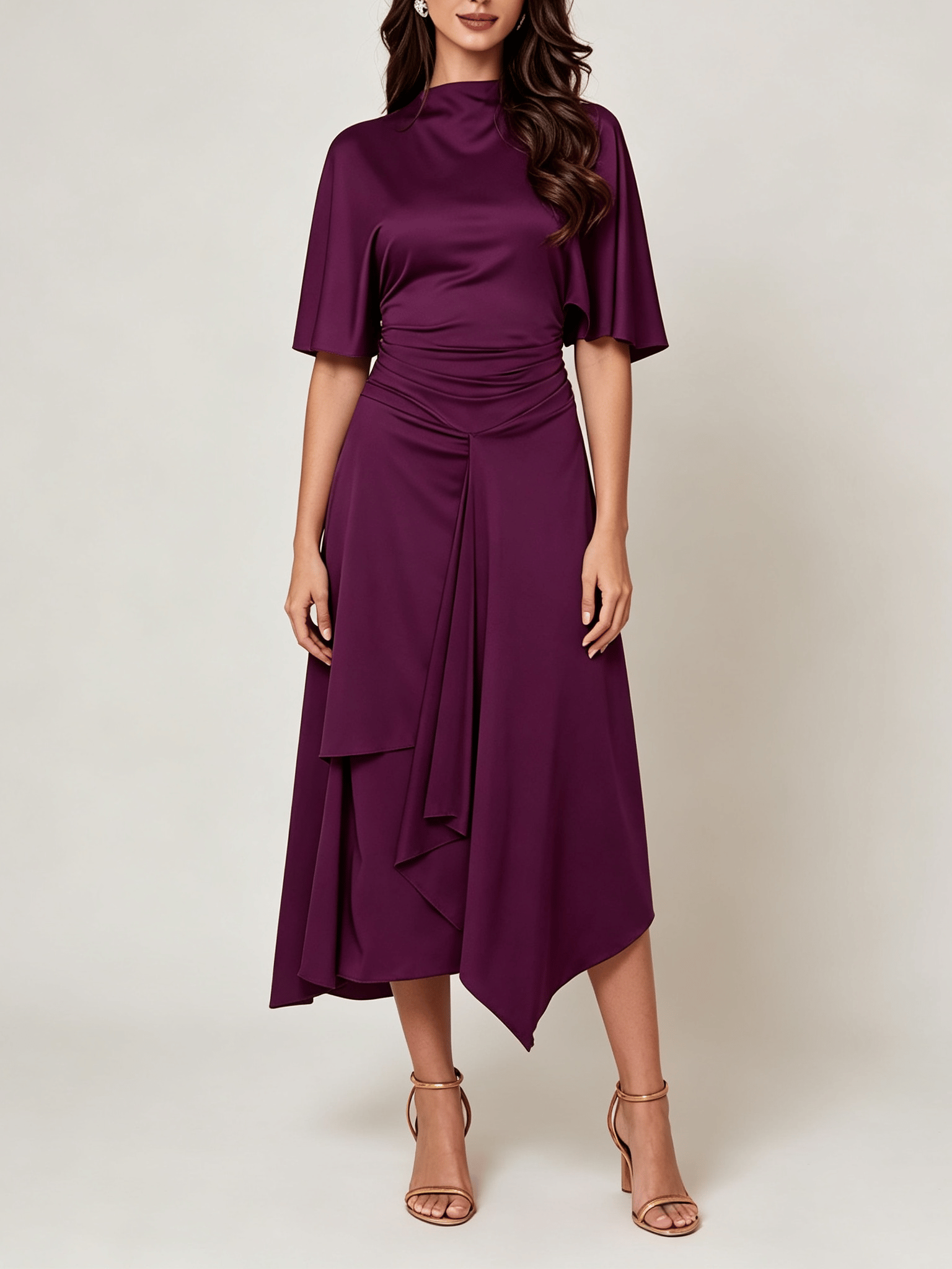 Purple Mock Neck Midi Dress with Asymmetric Hem