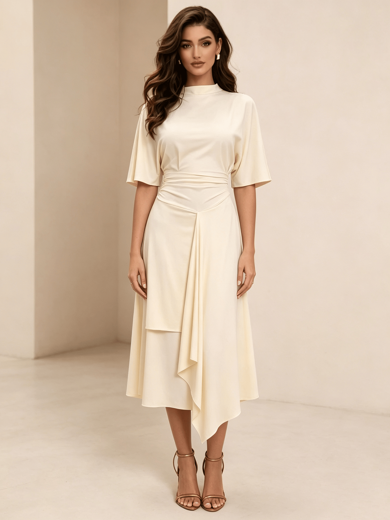Beige Asymmetric Midi Dress with Mock Neck