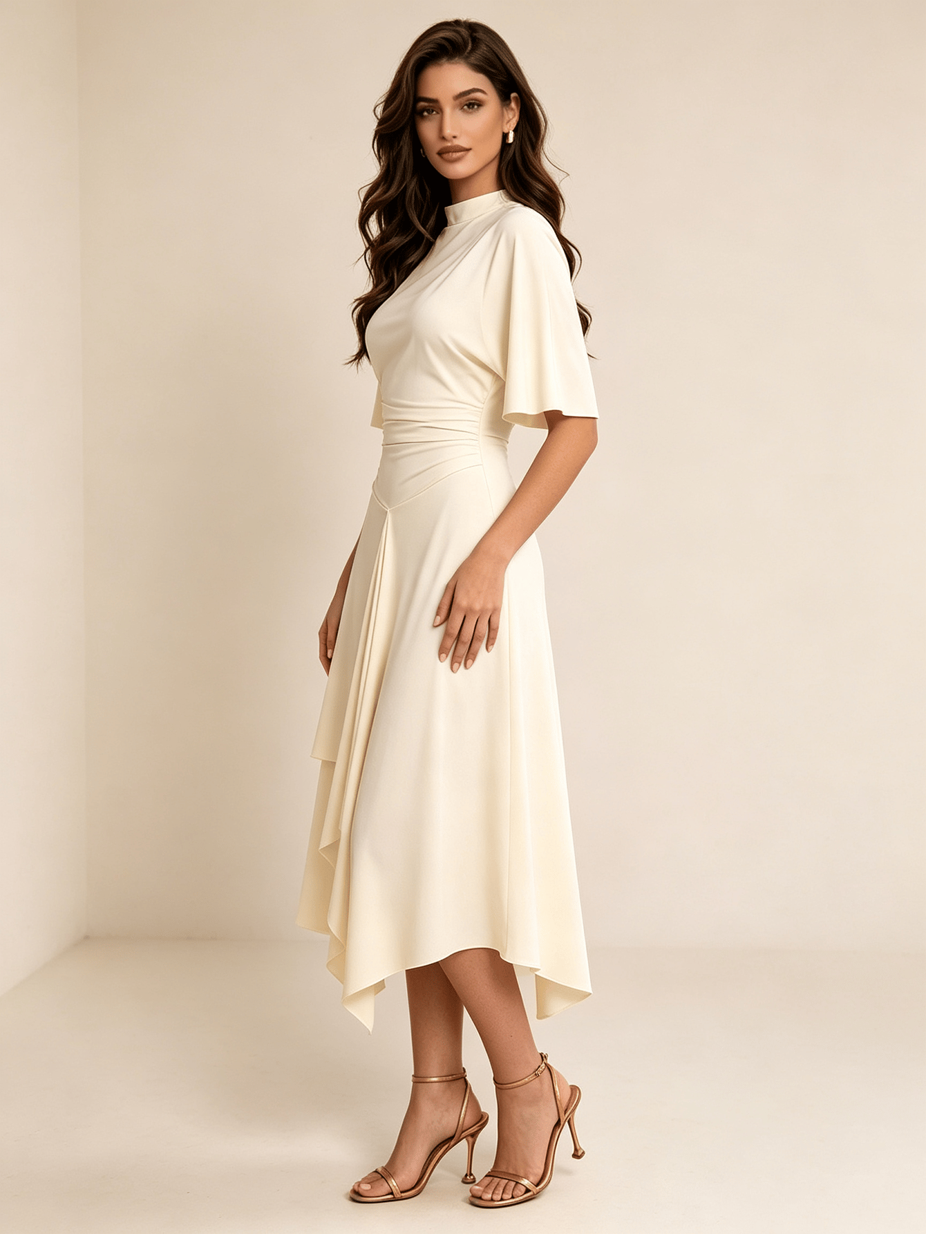Beige Asymmetric Midi Dress with Mock Neck