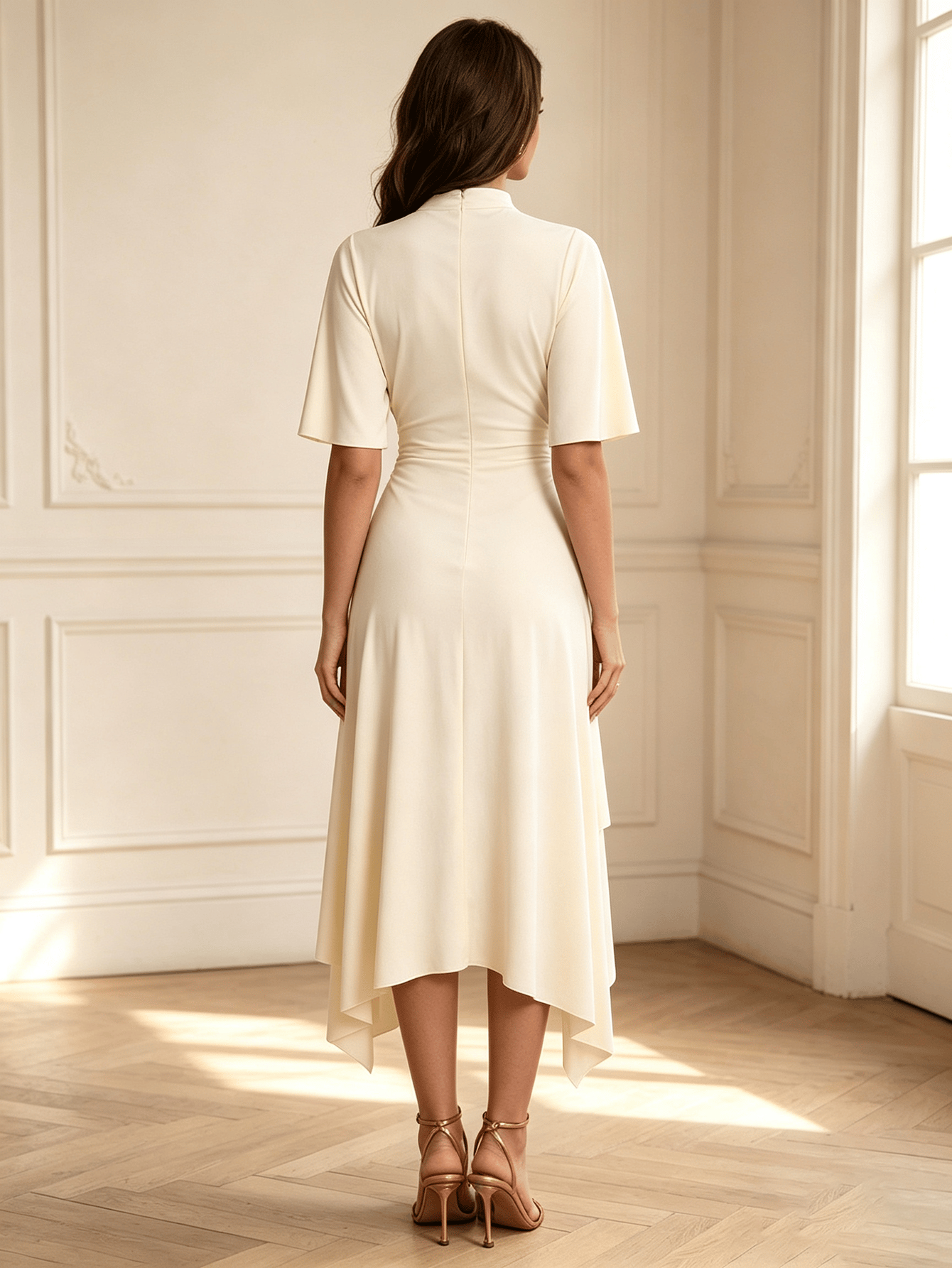 Beige Asymmetric Midi Dress with Mock Neck