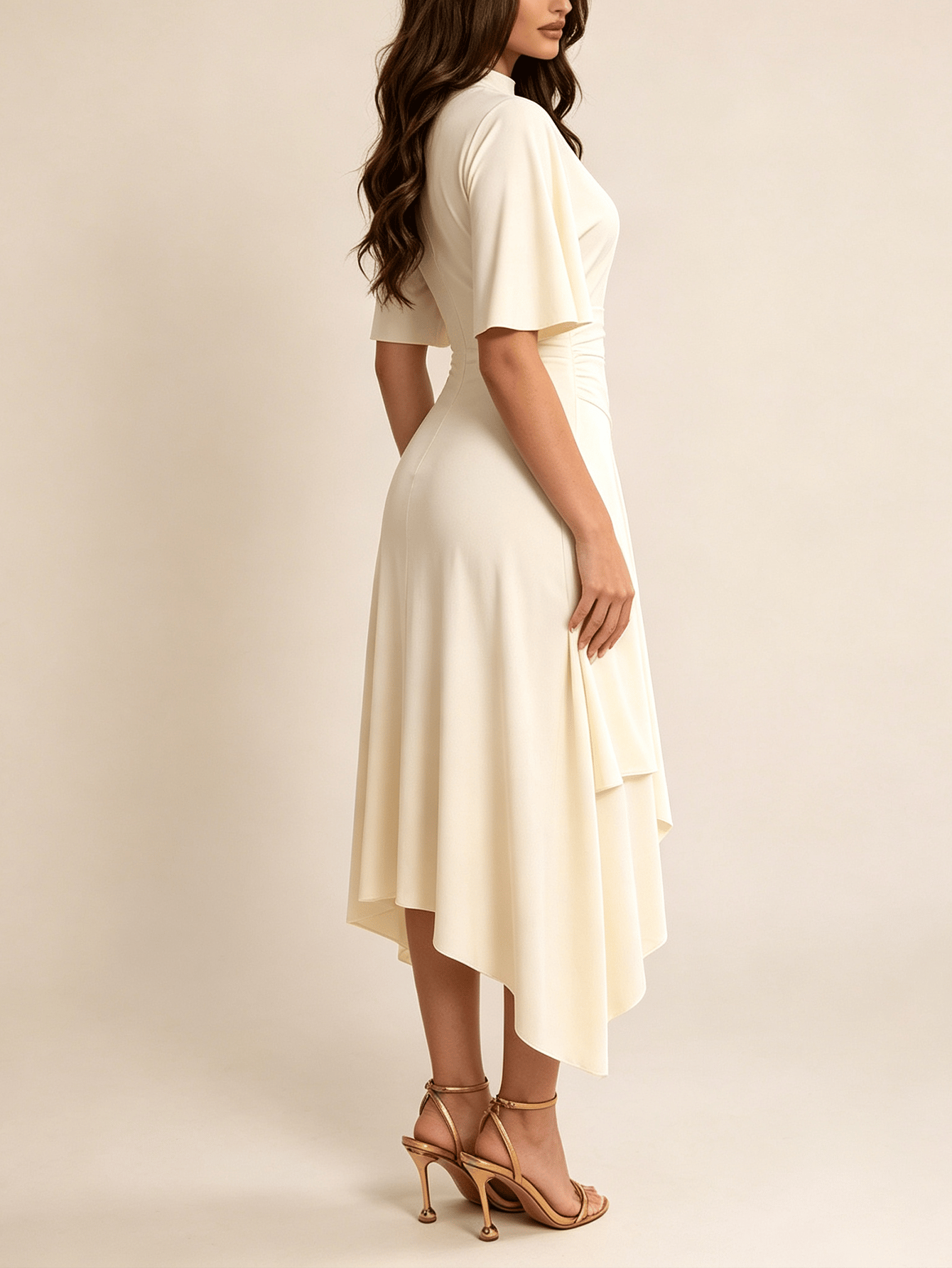 Beige Asymmetric Midi Dress with Mock Neck