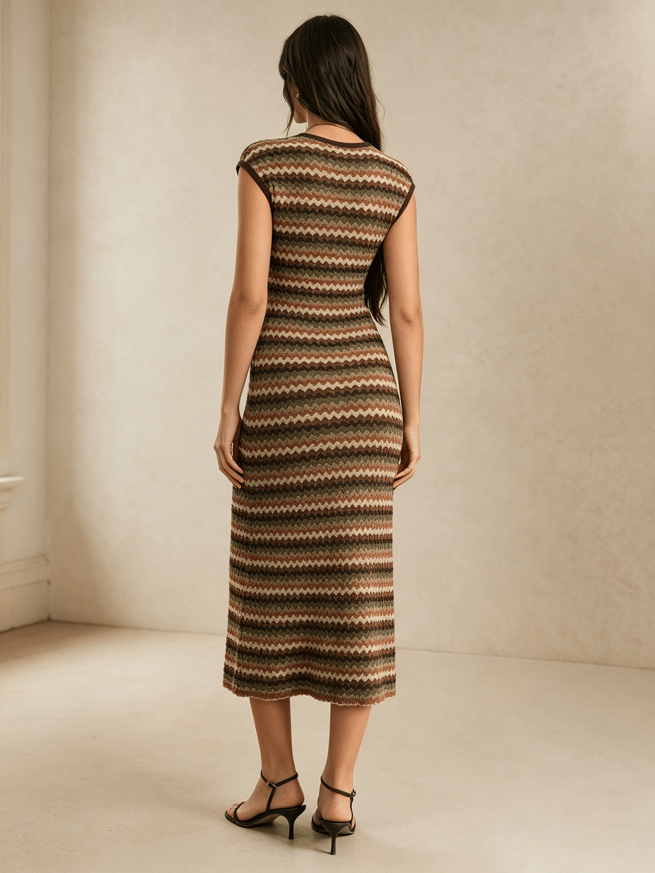 Brown Chevron Knit Bodycon Midi Dress