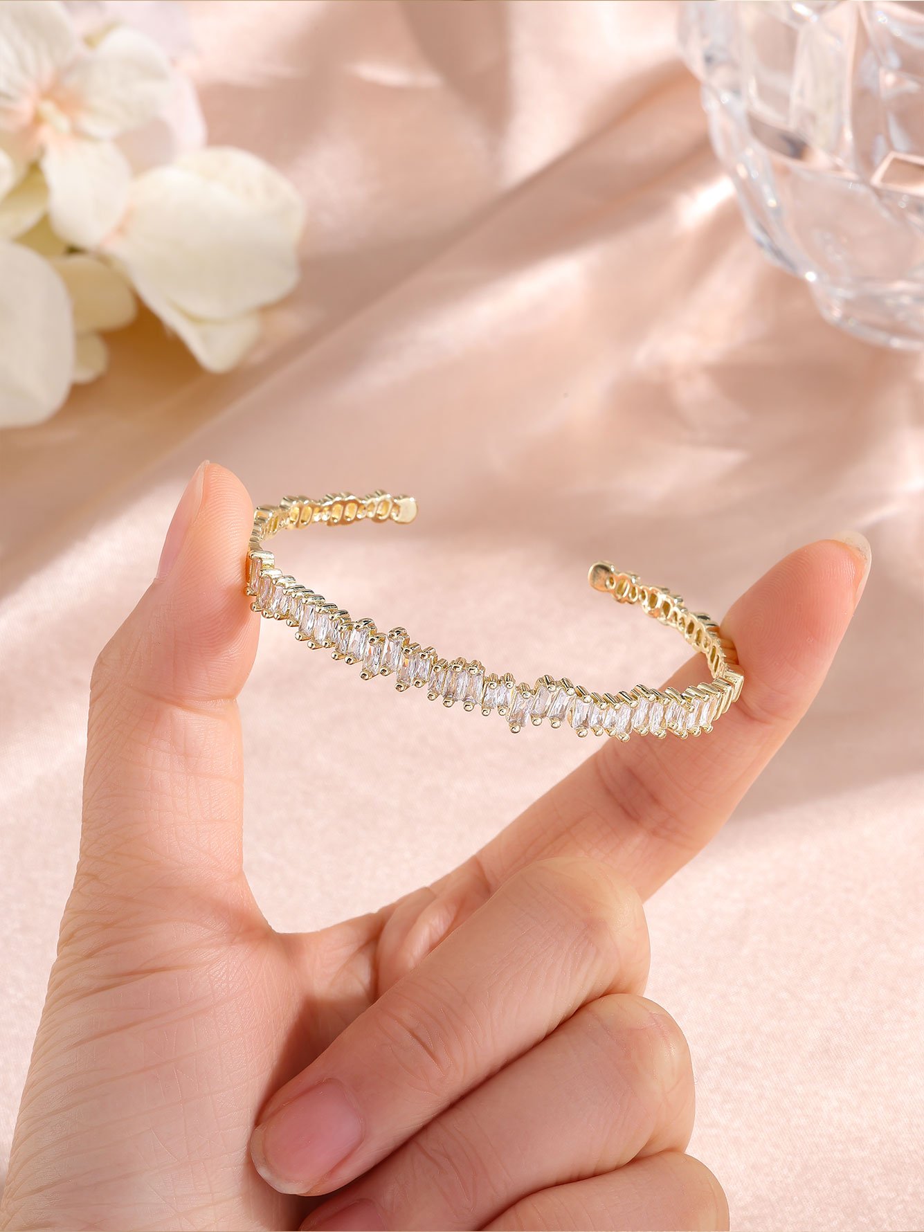 Gold Plated Open Cuff Bracelet with Zirconia