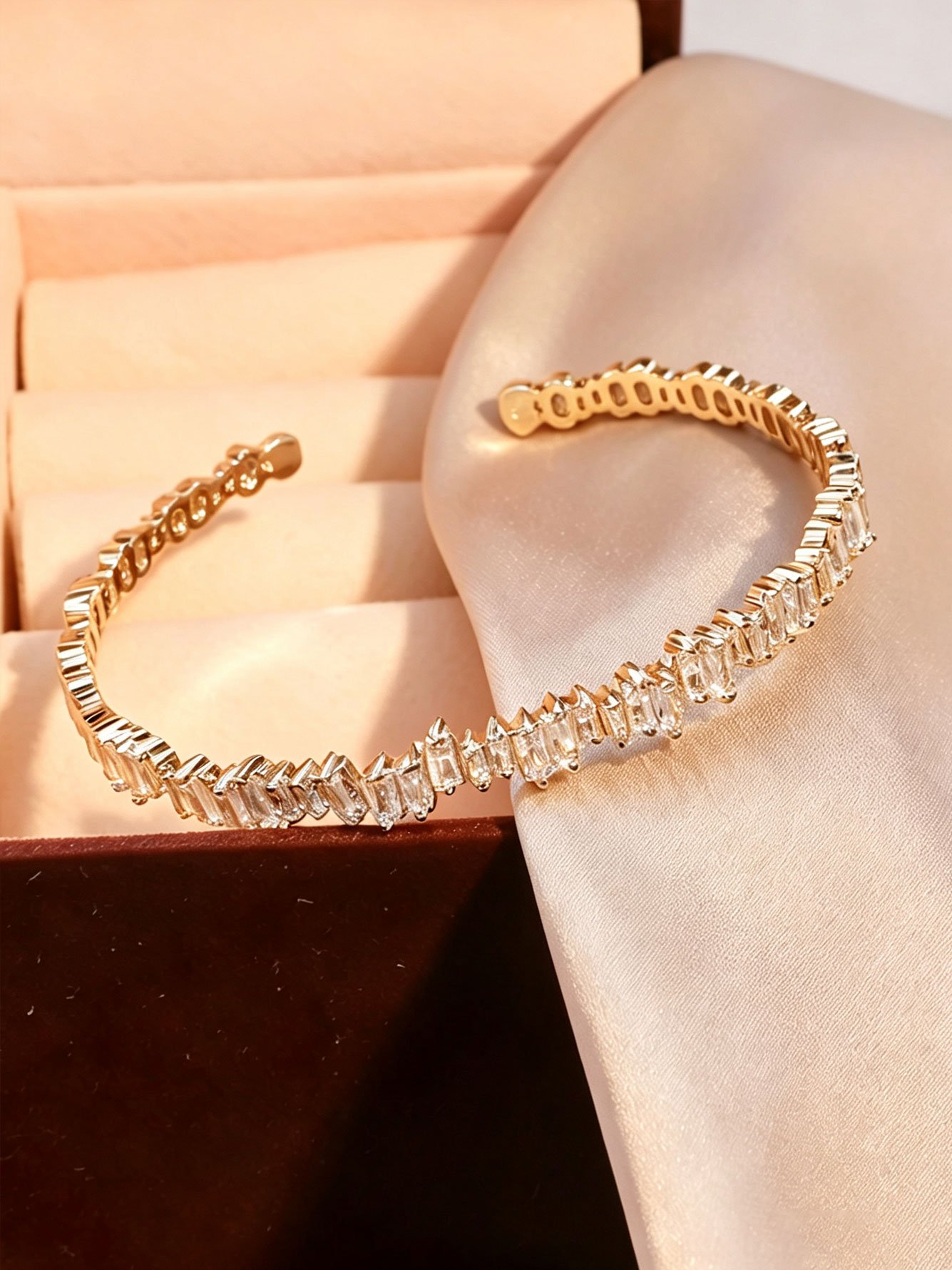 Gold Plated Open Cuff Bracelet with Zirconia