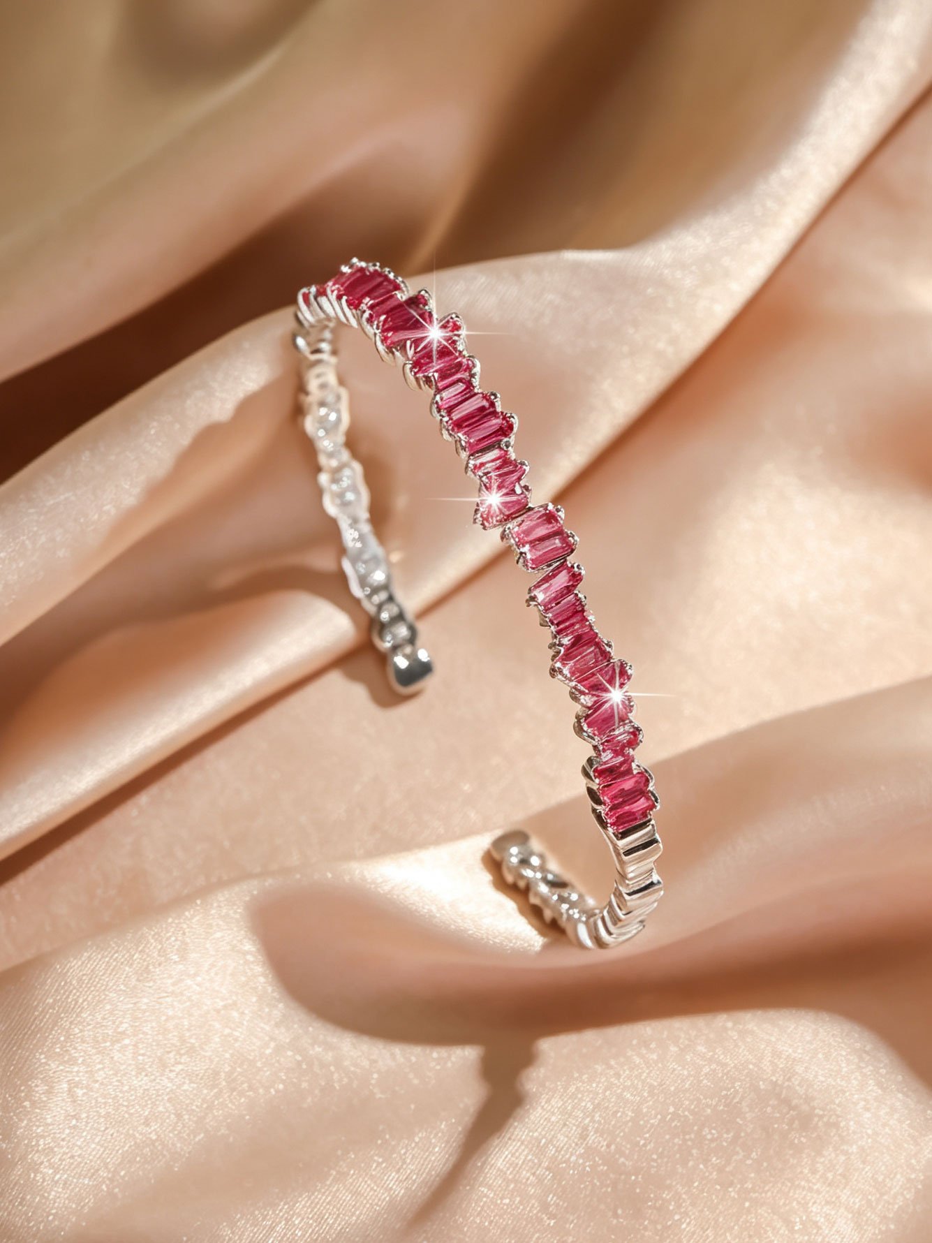 Silver Cuff Bracelet with Pink Baguette Gems