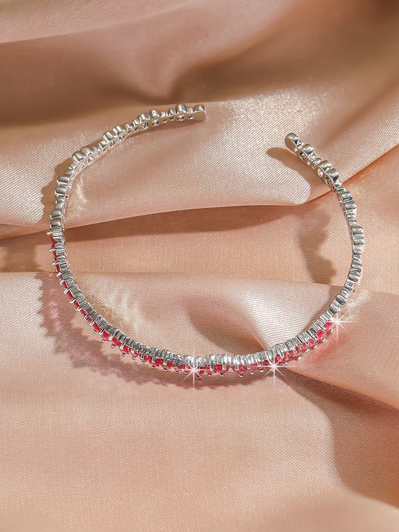 Silver Cuff Bracelet with Pink Baguette Gems