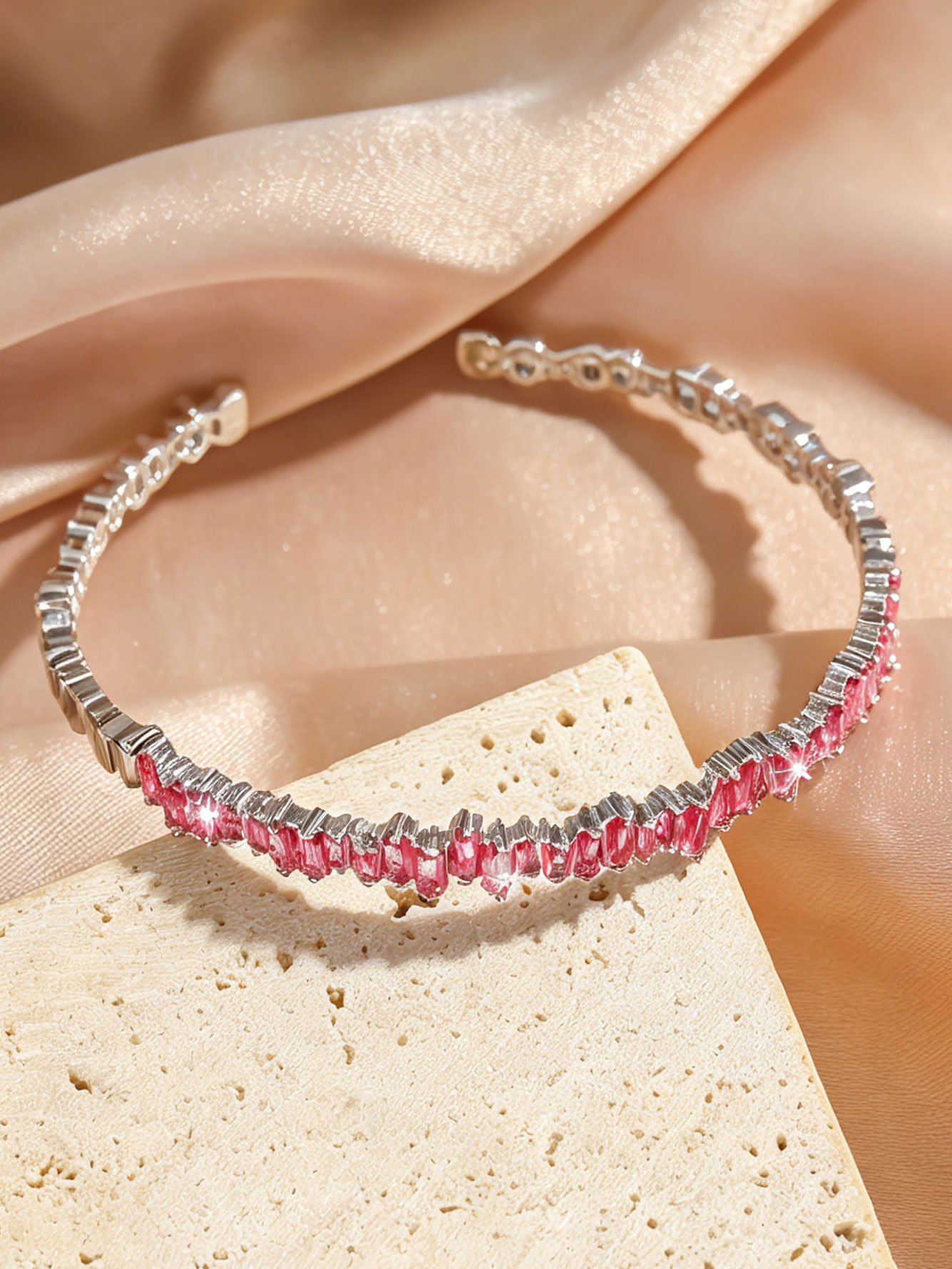 Silver Cuff Bracelet with Pink Baguette Gems