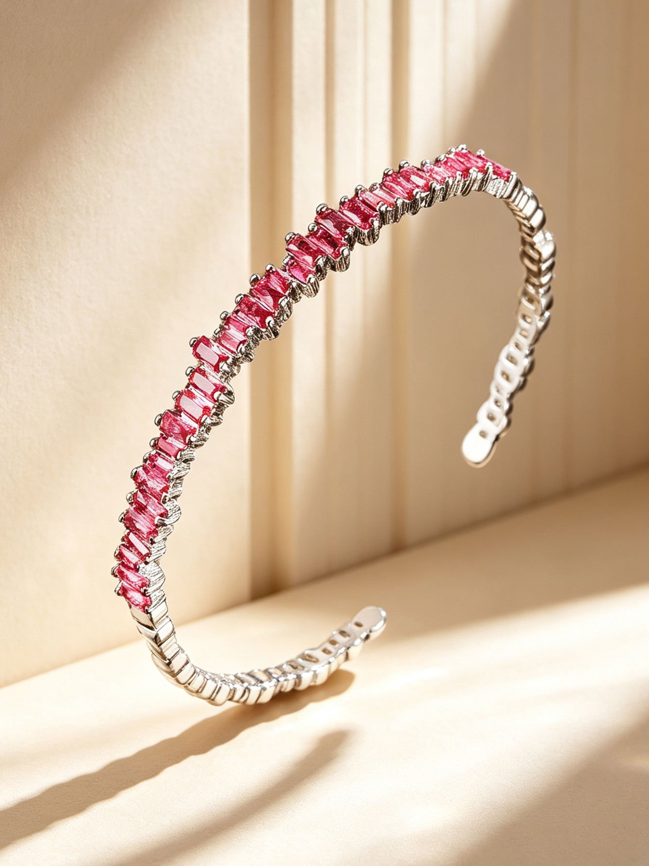 Silver Cuff Bracelet with Pink Baguette Gems