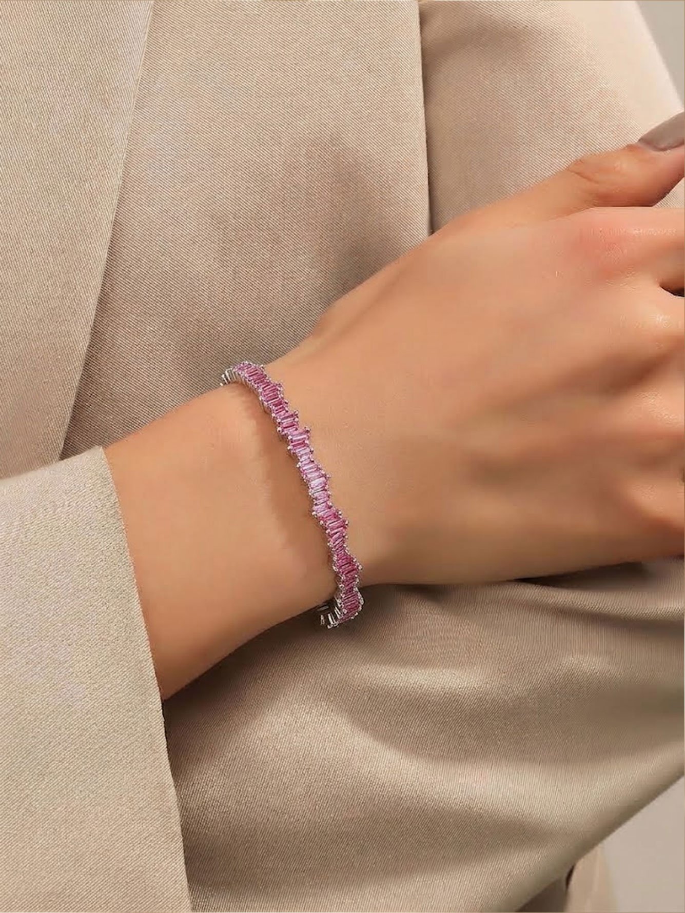 Silver Cuff Bracelet with Pink Baguette Gems