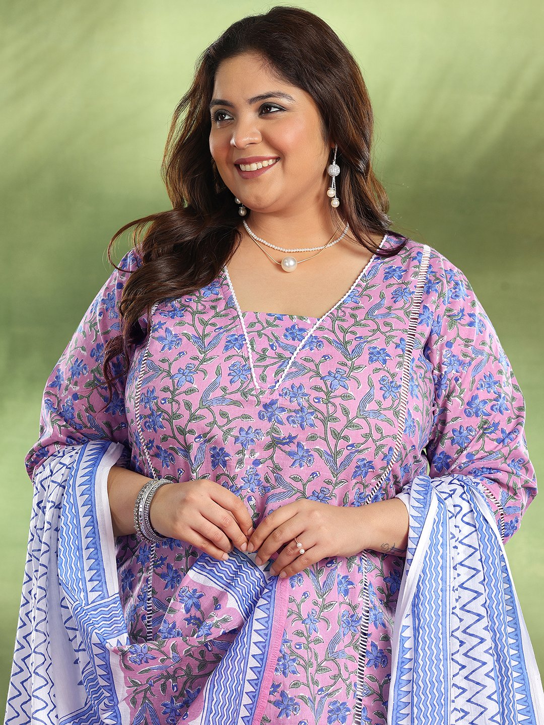 Pink Floral Printed Plus Size Cotton Kurta Set with Dupatta