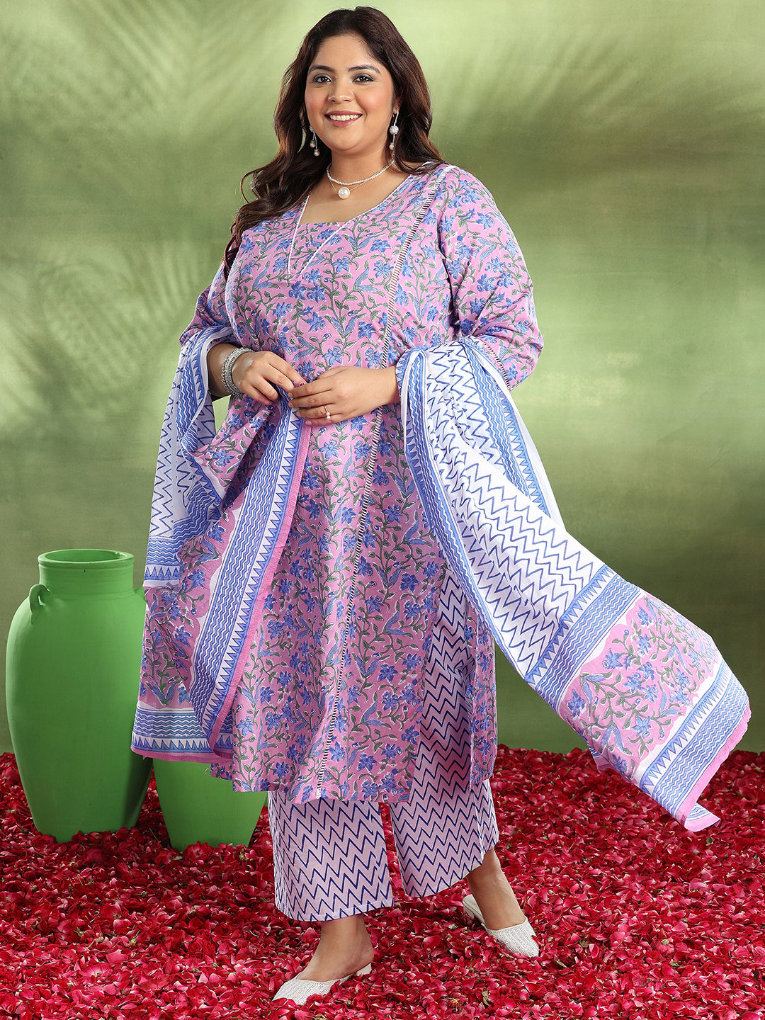Pink Floral Printed Plus Size Cotton Kurta Set with Dupatta