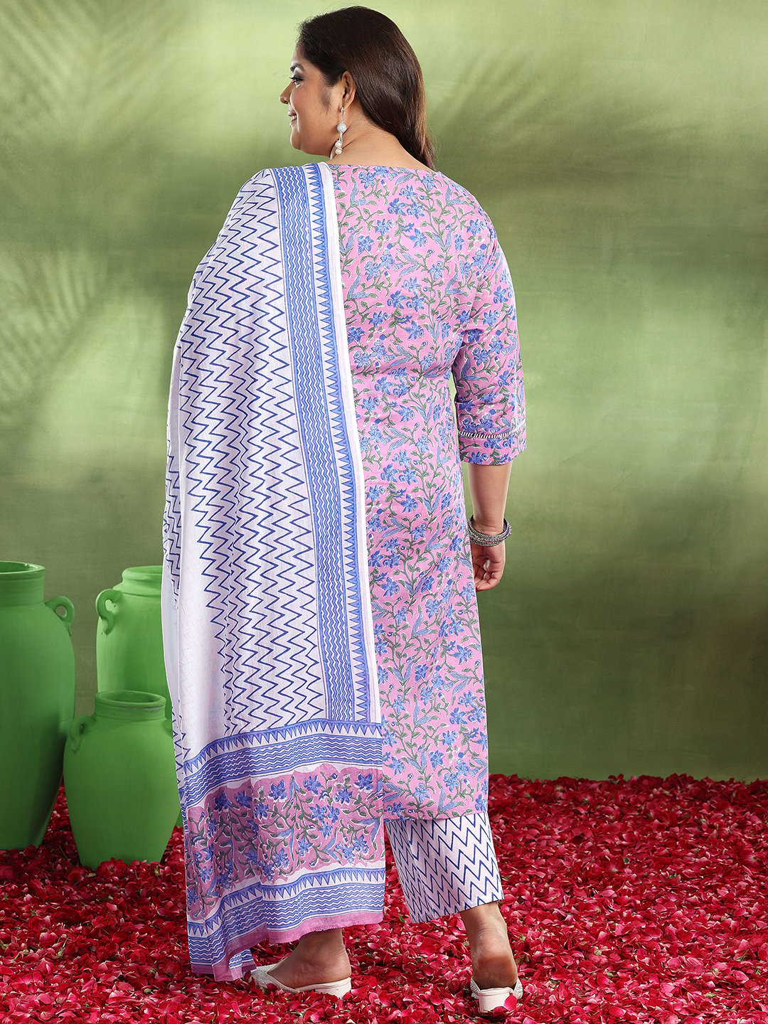 Pink Floral Printed Plus Size Cotton Kurta Set with Dupatta