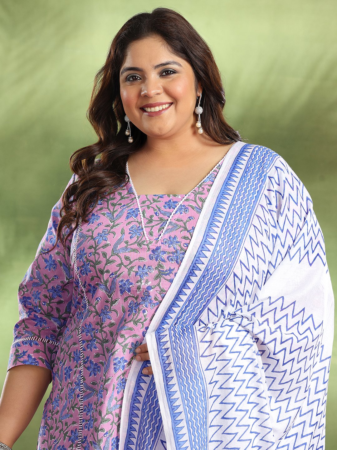 Pink Floral Printed Plus Size Cotton Kurta Set with Dupatta