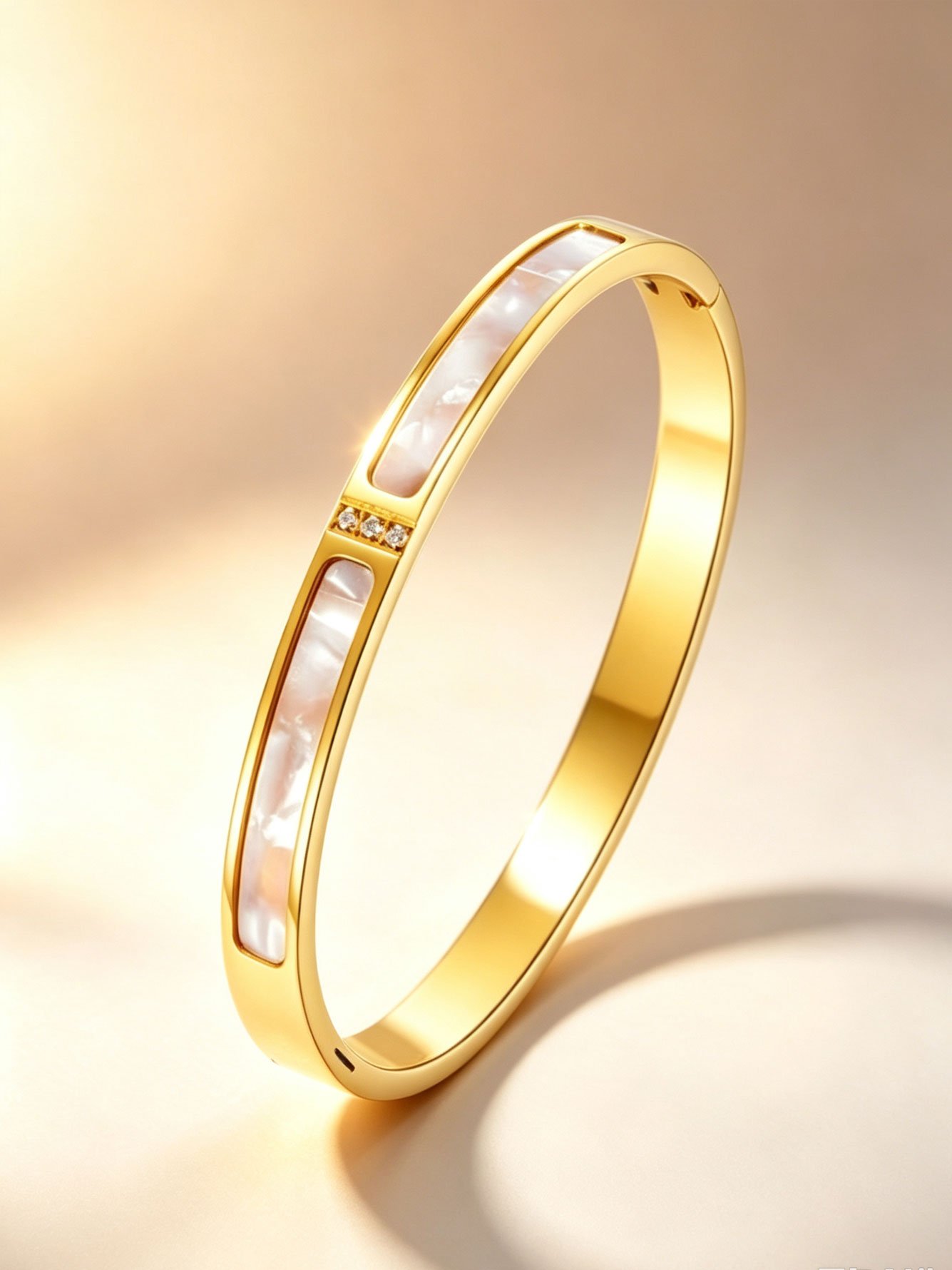Gold and Pink Mother-of-Pearl Bangle with Zirconia Accents