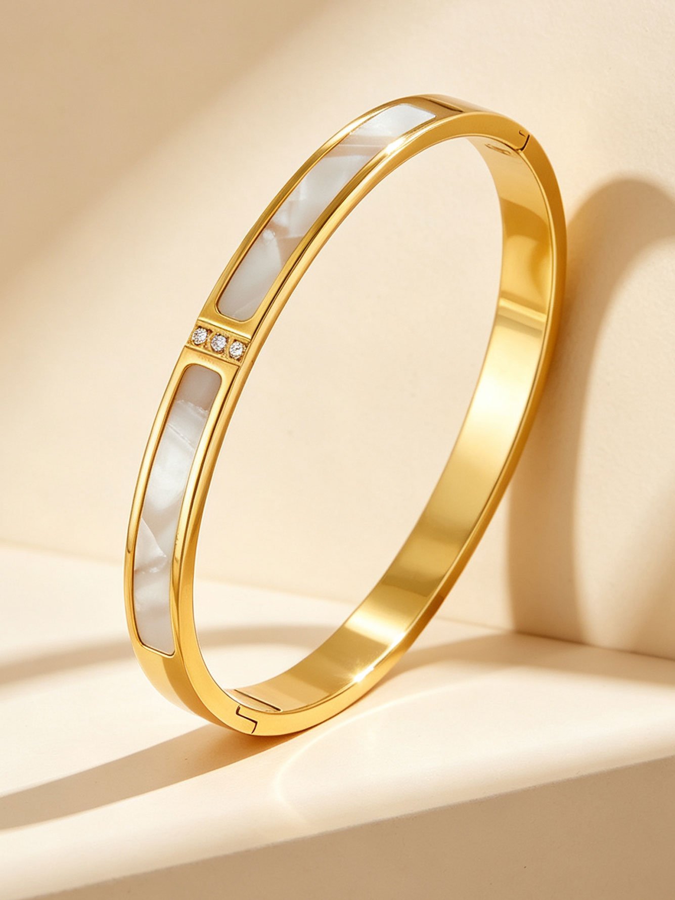 Gold and Pink Mother-of-Pearl Bangle with Zirconia Accents