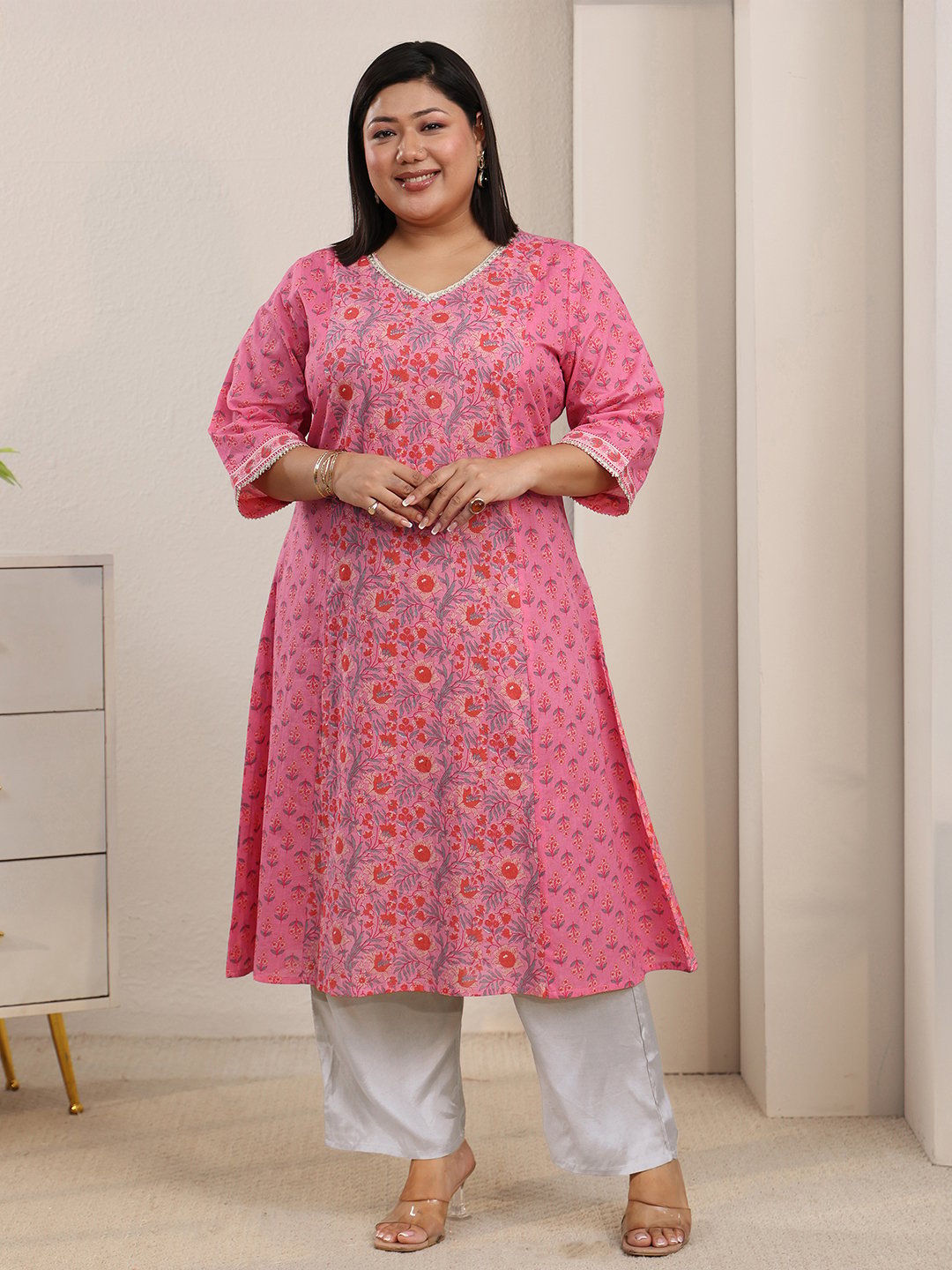 Pink Floral Printed Kurta Set with Straight Pants