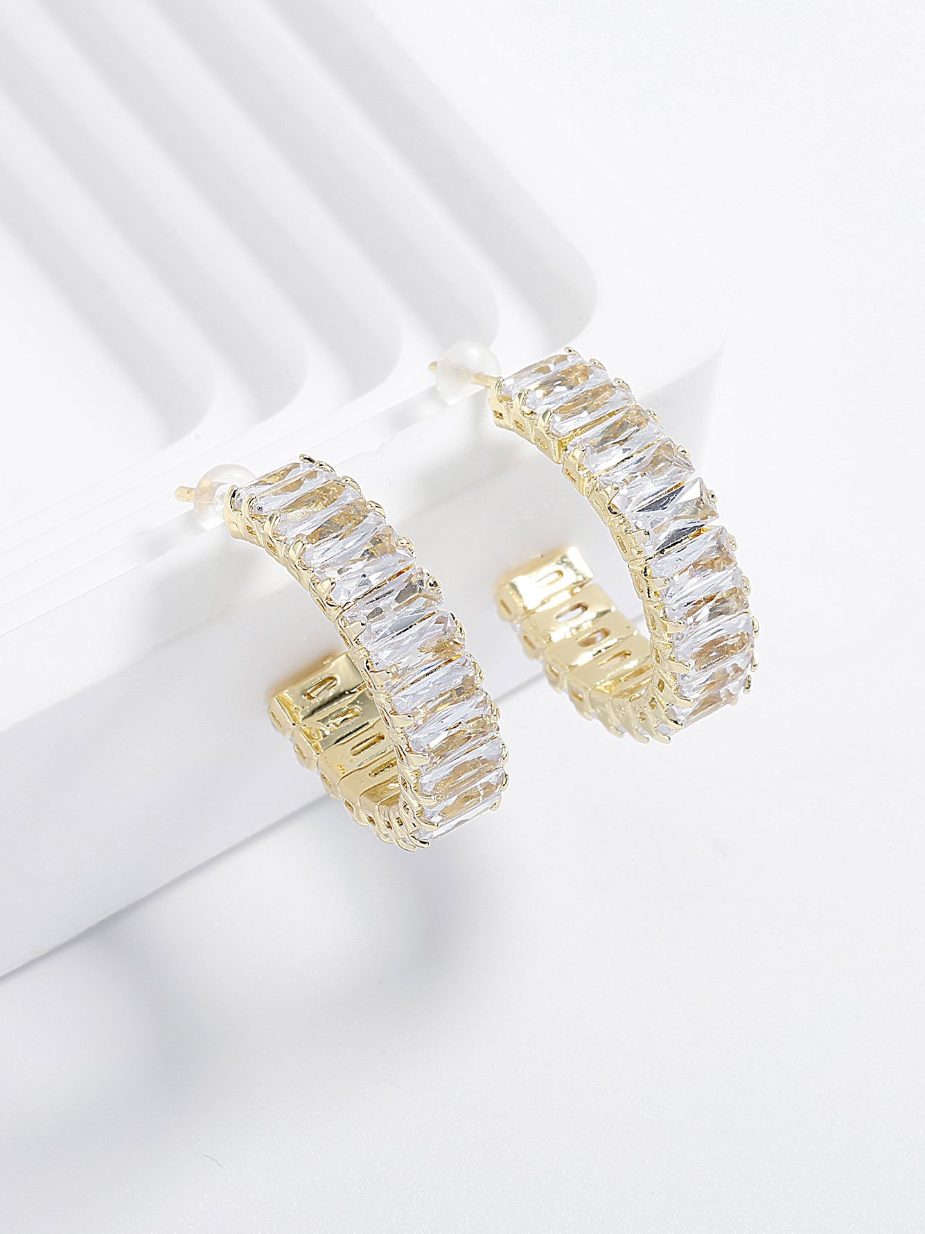 Gold Plated Baguette Zircon Hoop Earrings