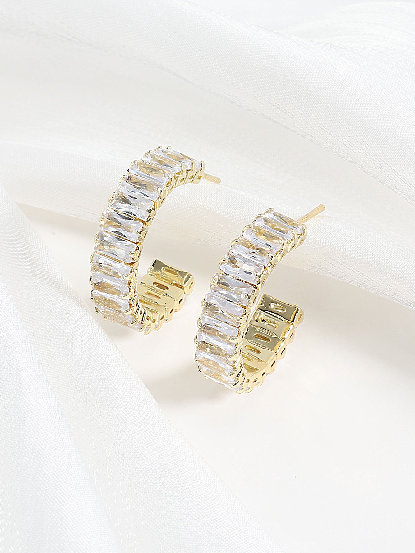 Gold Plated Baguette Zircon Hoop Earrings