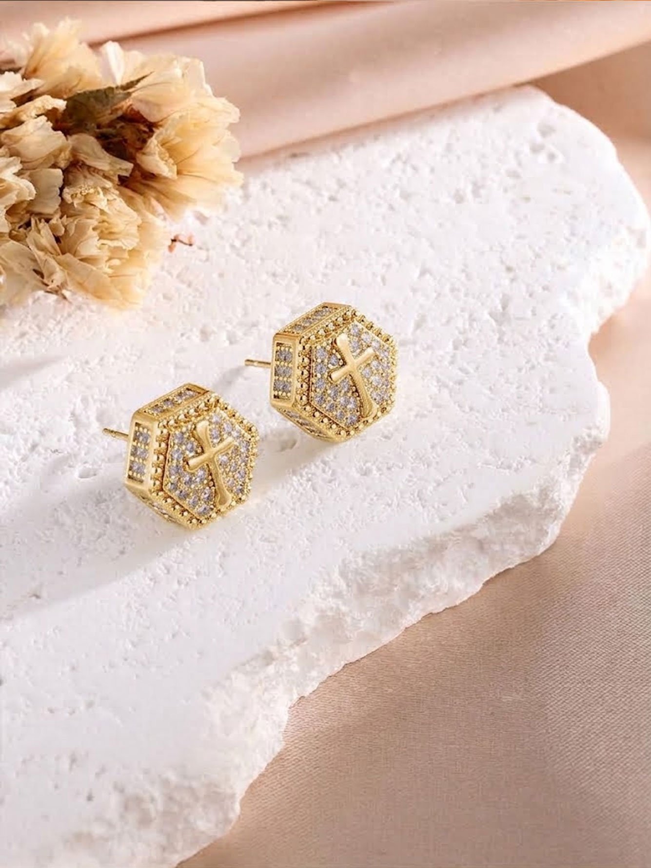 Gold Cross Hexagon Stud Earrings