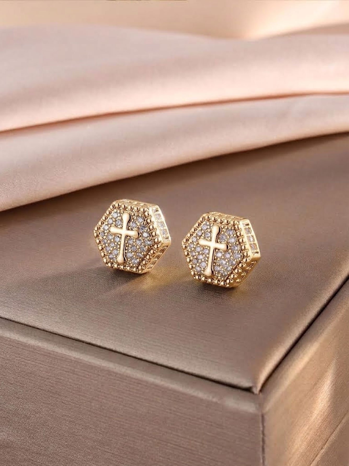 Gold Cross Hexagon Stud Earrings