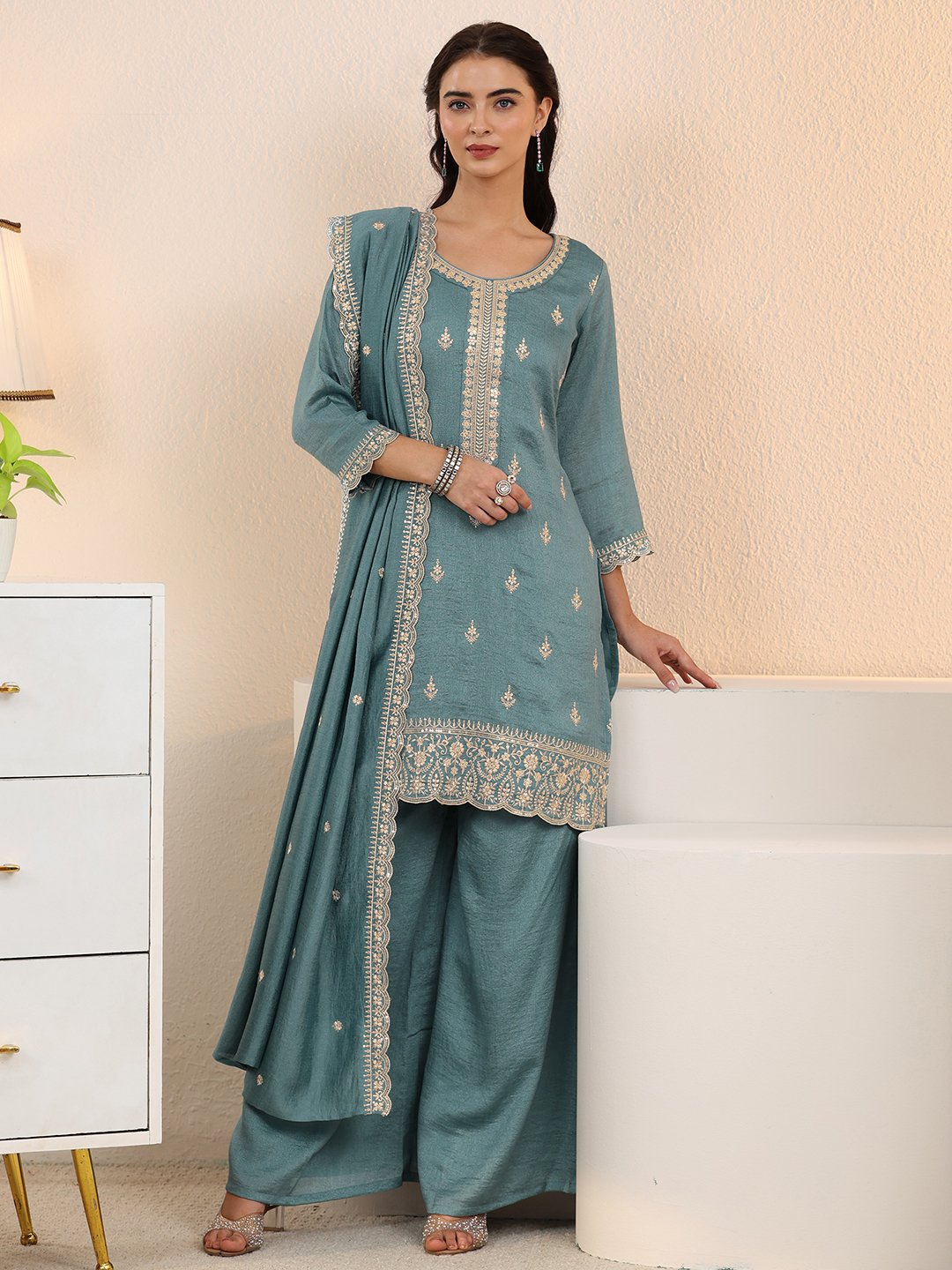 Blue Embroidered Silk Blend Kurta Set with Palazzo and Dupatta