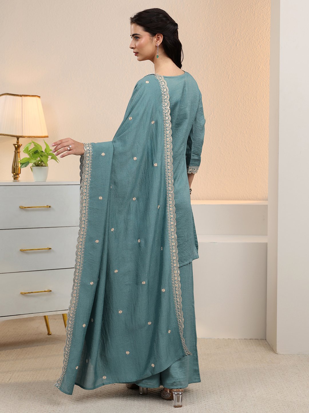 Blue Embroidered Silk Blend Kurta Set with Palazzo and Dupatta
