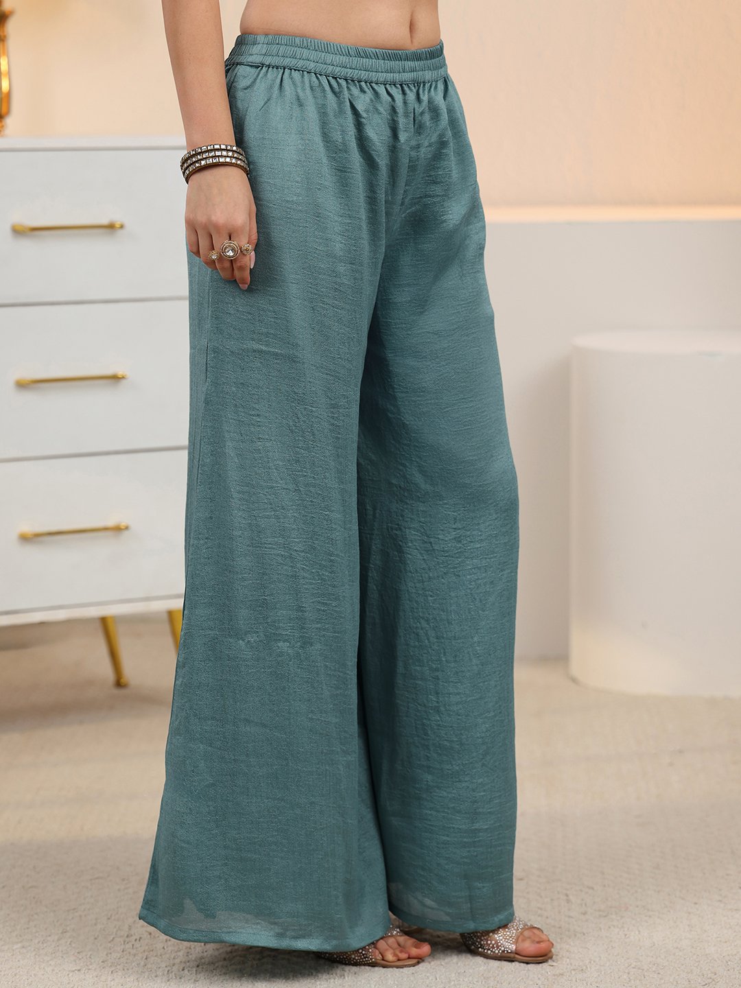 Blue Embroidered Silk Blend Kurta Set with Palazzo and Dupatta