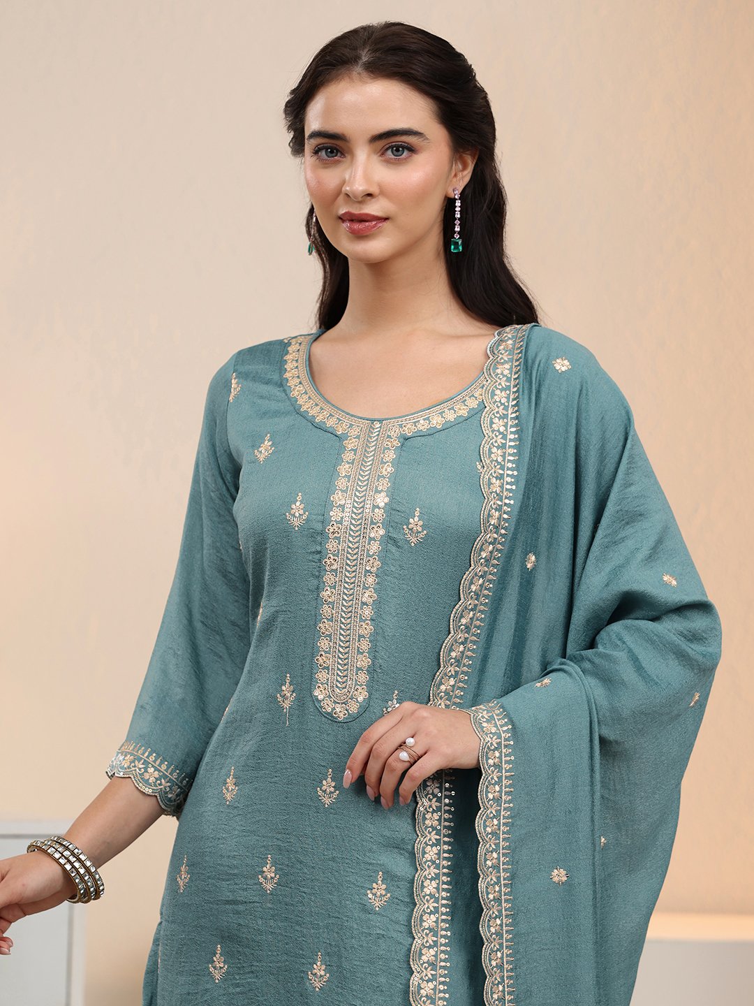 Blue Embroidered Silk Blend Kurta Set with Palazzo and Dupatta
