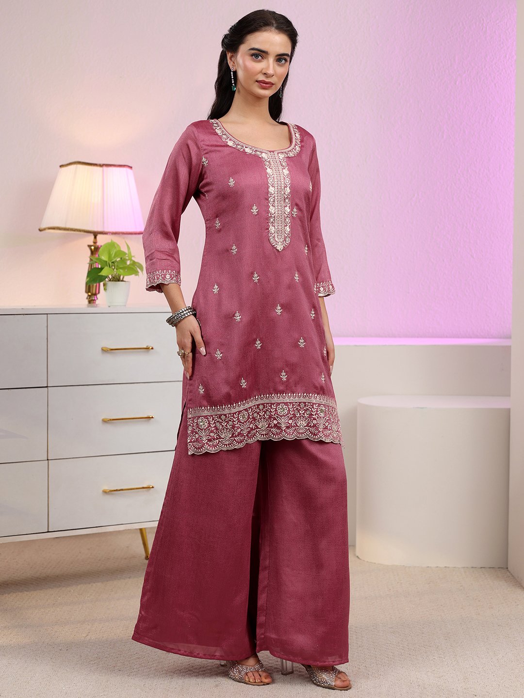Pink Embroidered Silk Blend Palazzo Suit Set with Dupatta