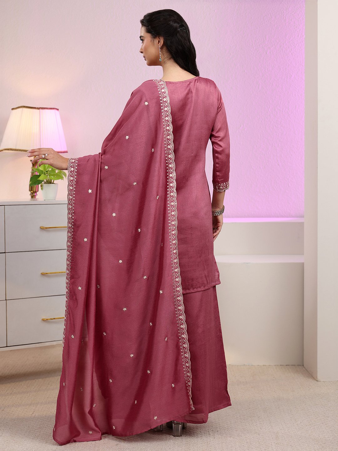 Pink Embroidered Silk Blend Palazzo Suit Set with Dupatta