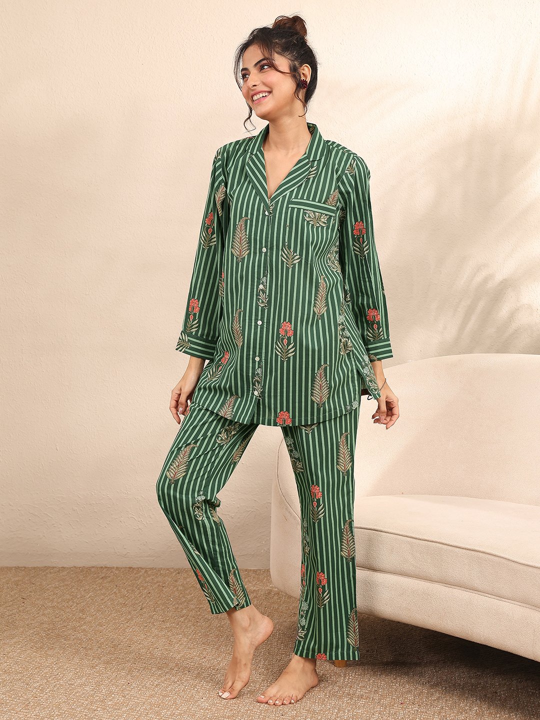 Green Striped Floral Top and Pants Pyjama Set with 3/4 Sleeves