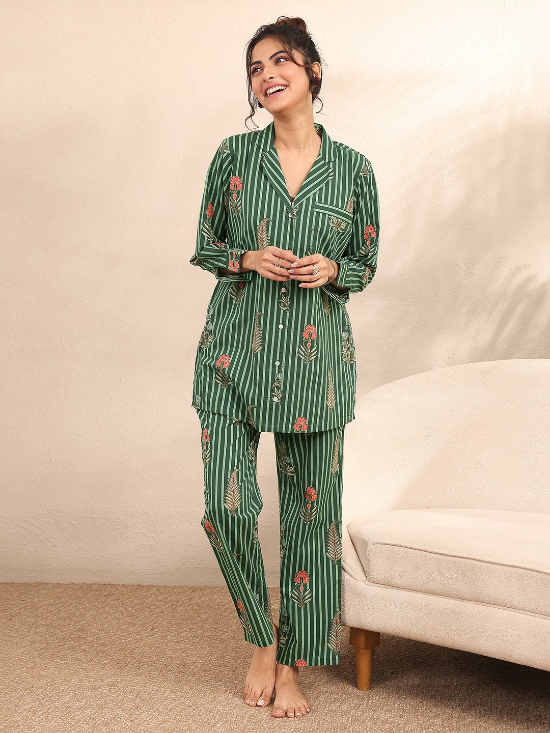 Green Striped Floral Top and Pants Pyjama Set with 3/4 Sleeves