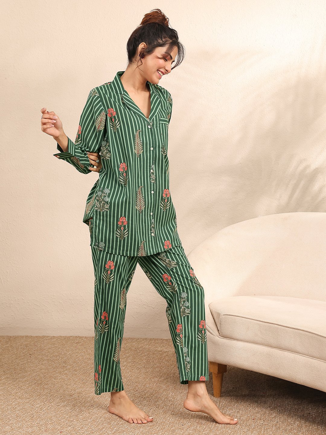Green Striped Floral Top and Pants Pyjama Set with 3/4 Sleeves