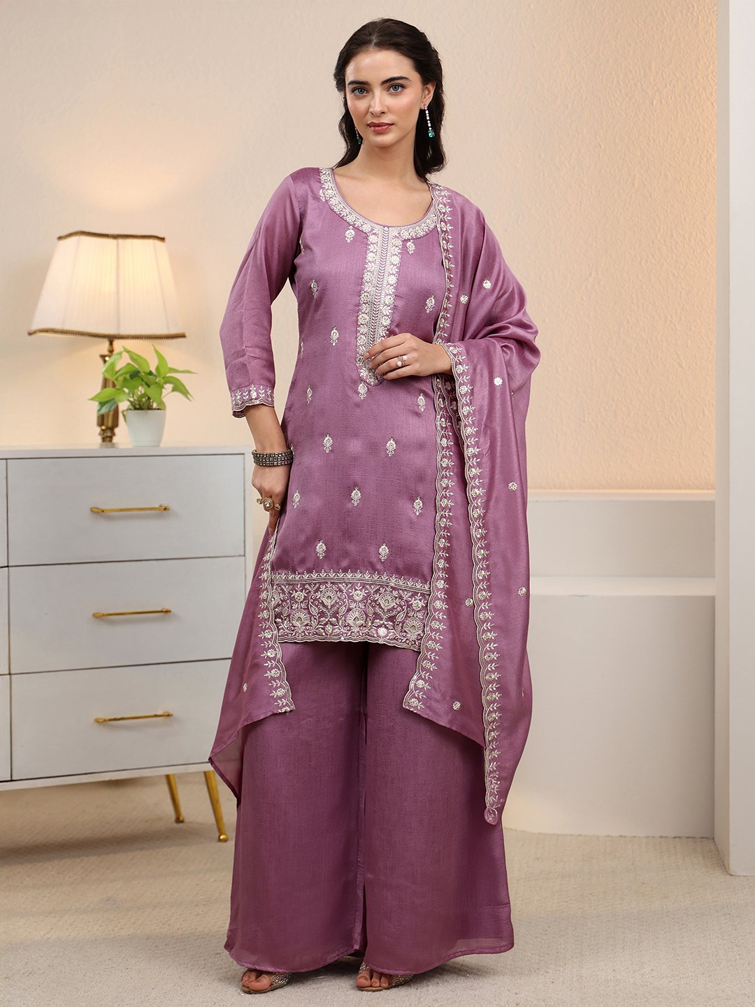 Purple Embroidered Palazzo Suit with Dupatta