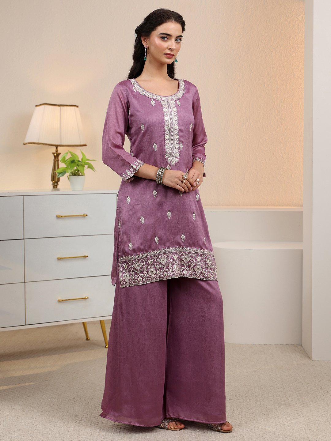 Purple Embroidered Palazzo Suit with Dupatta